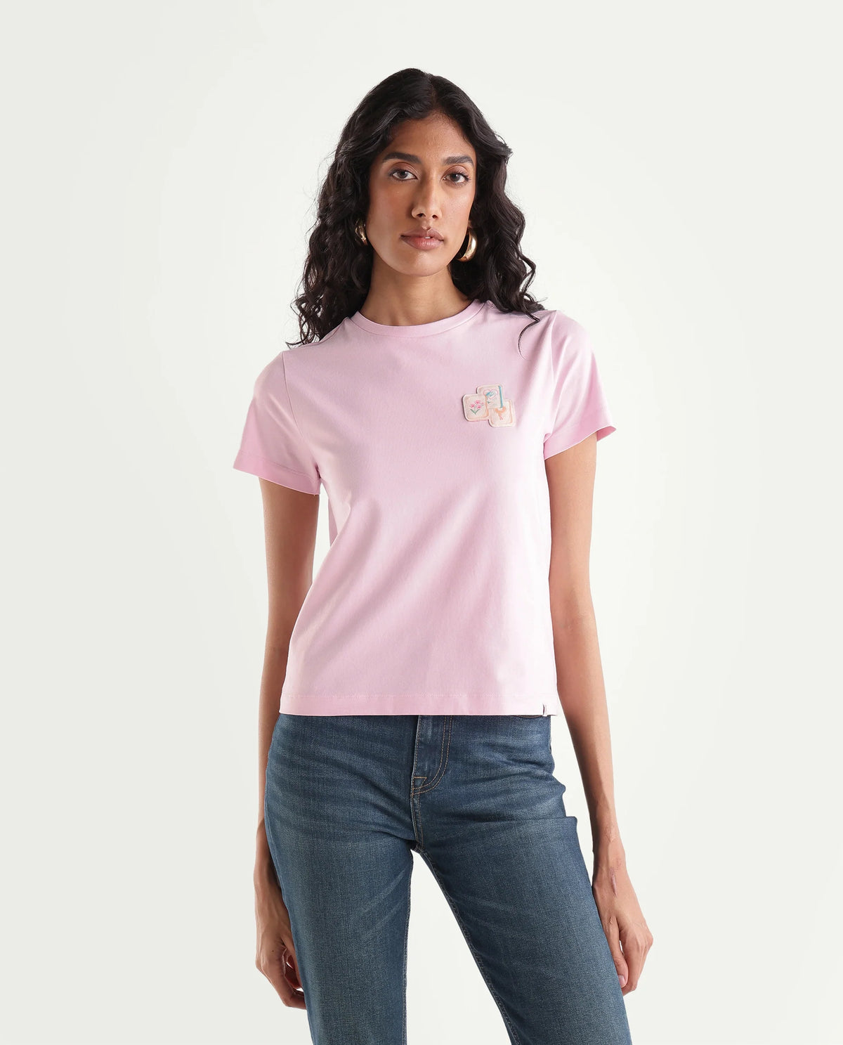 Rareism Women's Majon Light Pink Cotton Blend Fabric Crew Neck Regular Digital Print T-Shirt