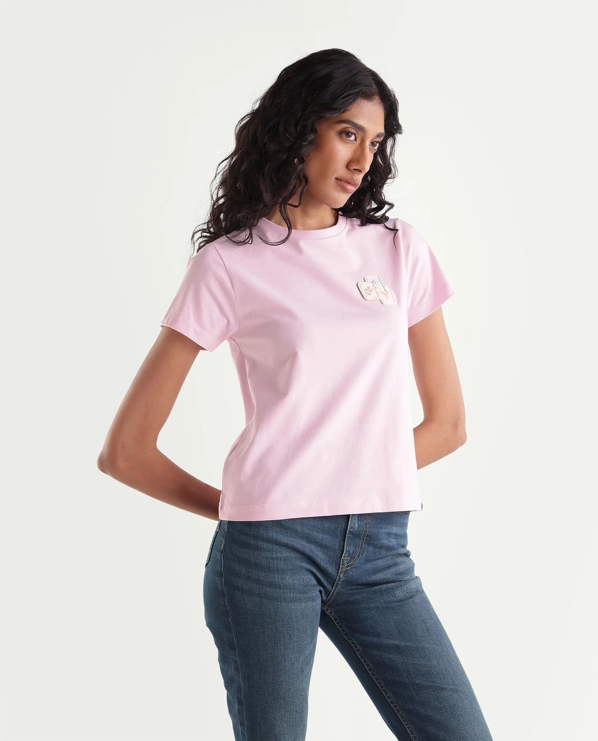 Rareism Women's Majon Light Pink Cotton Blend Fabric Crew Neck Regular Digital Print T-Shirt
