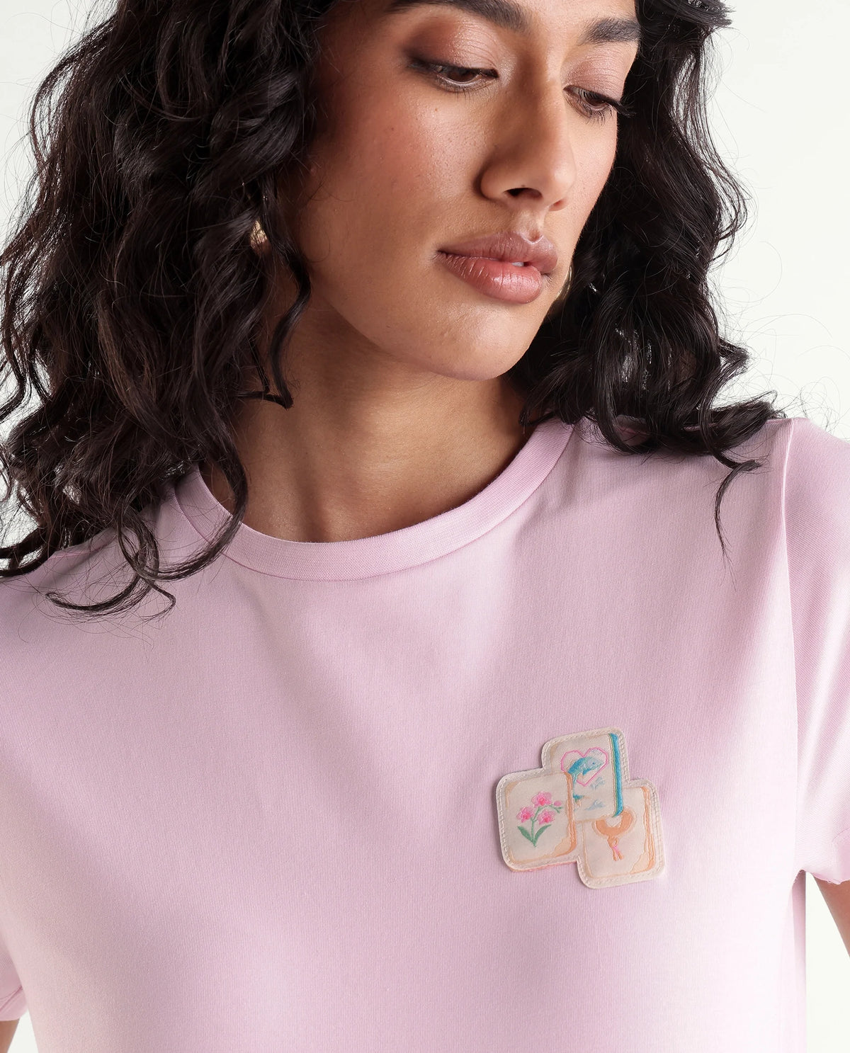 Rareism Women's Majon Light Pink Cotton Blend Fabric Crew Neck Regular Digital Print T-Shirt