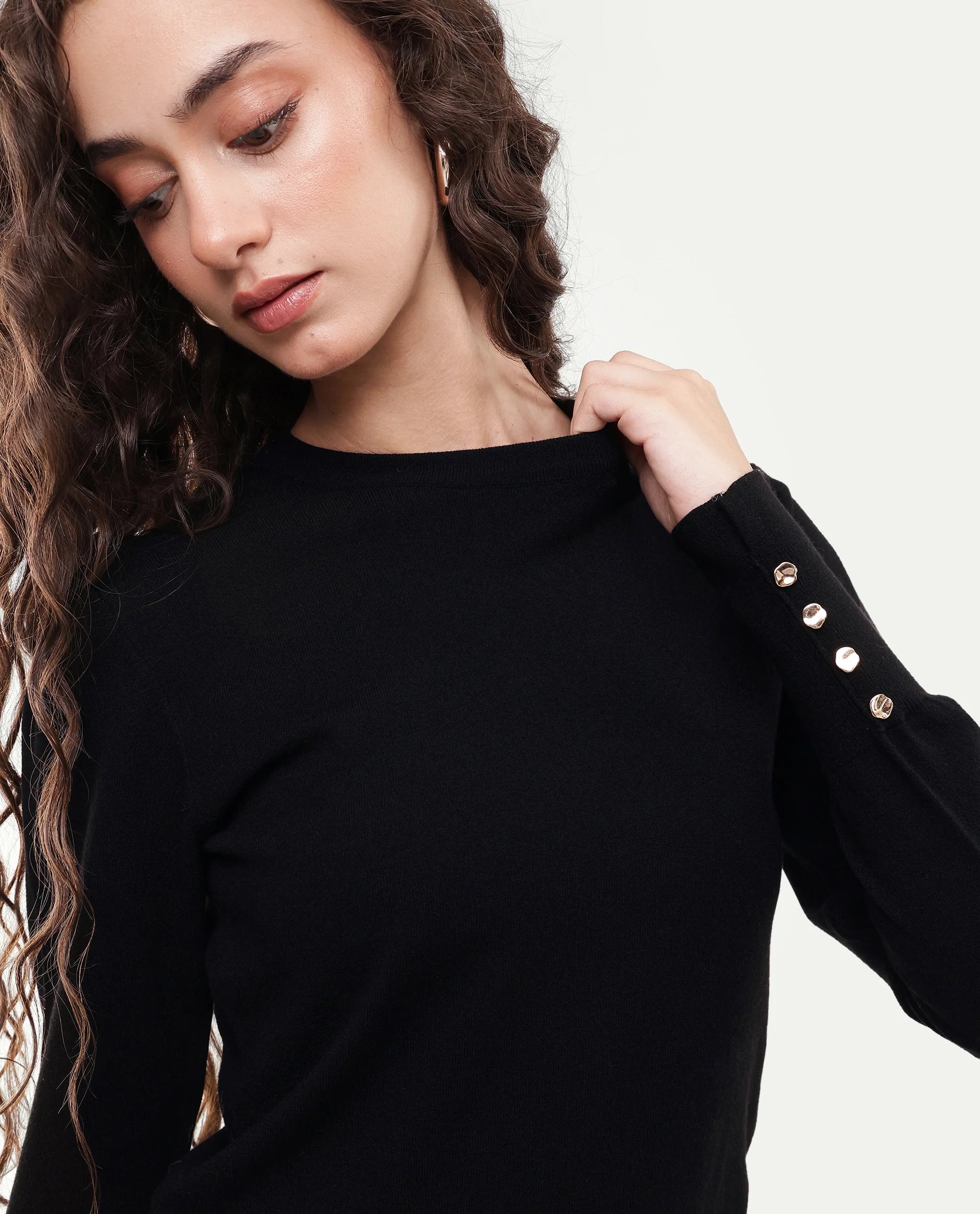 Rareism Women's Loran Black Solid Viscose Blend Regular Fit Full Sleeve Top