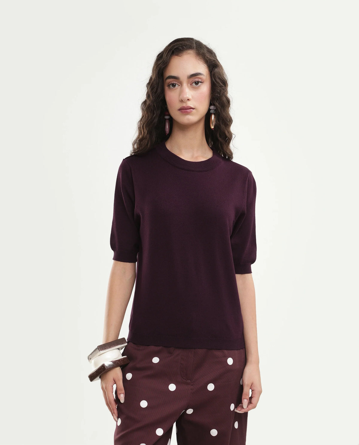Rareism Women's Rohrdoaw26 Dark Maroon Viscose Blend Crew Neck Regular Fit Plain Top