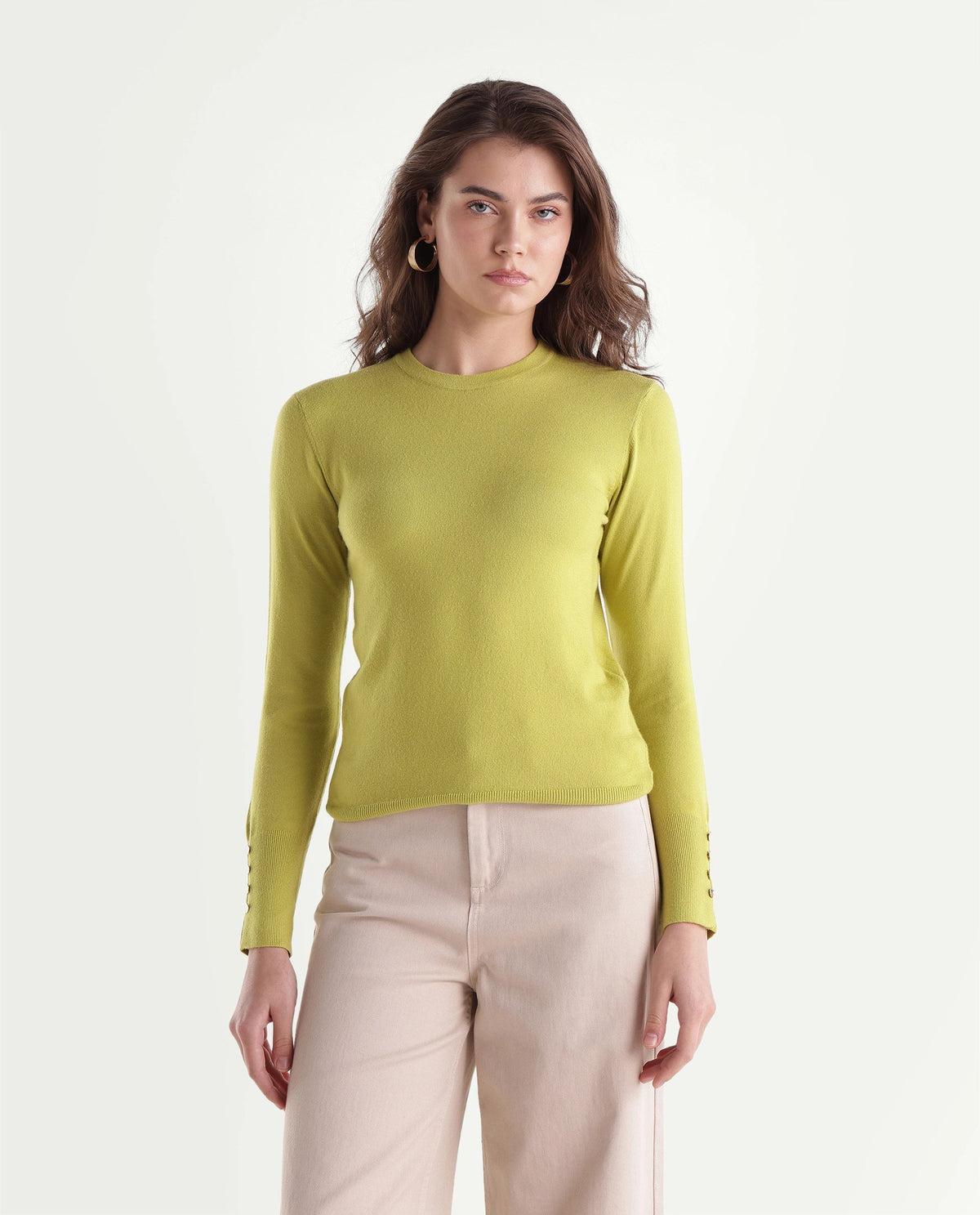 Rareism Women's Loran Light Green Viscose Blend Crew Neck Regular Fit Plain Top
