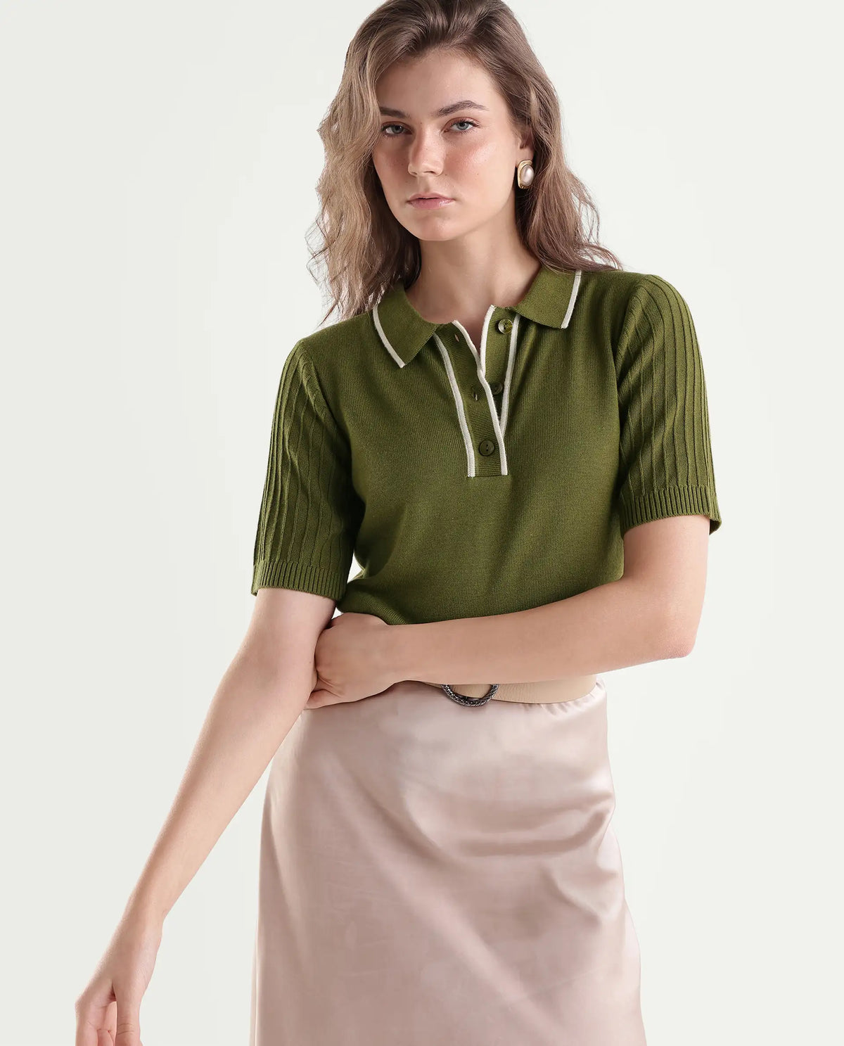Rareism Women's Knitupaw26 Olive Viscose Blend Spread Collar Regular Fit Plain Top