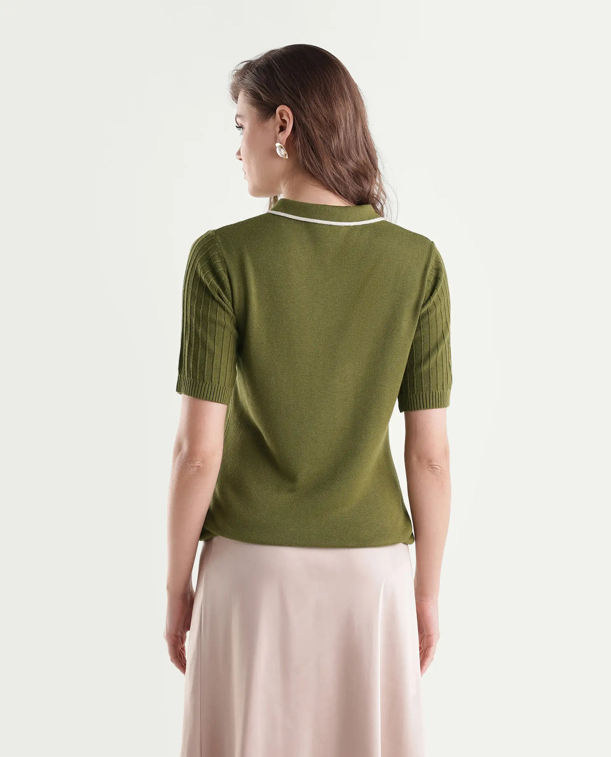 Rareism Women's Knitupaw26 Olive Viscose Blend Spread Collar Regular Fit Plain Top