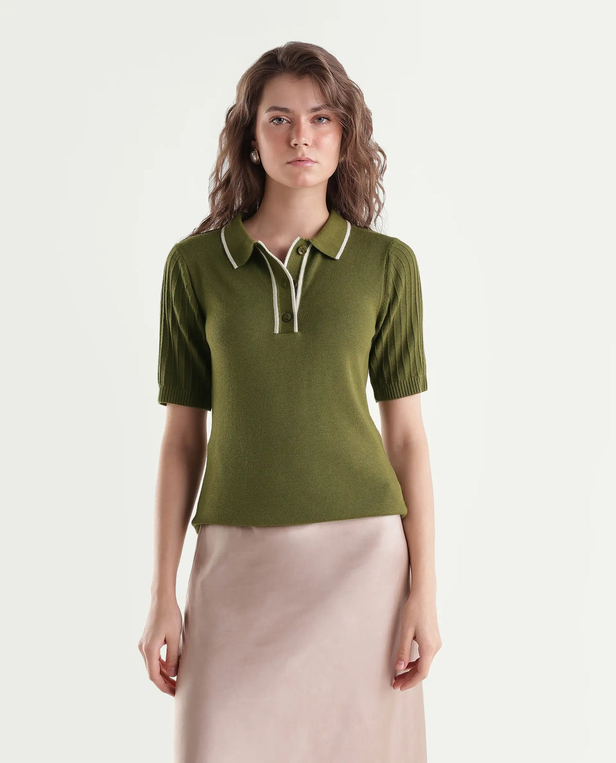Rareism Women's Knitupaw26 Olive Viscose Blend Spread Collar Regular Fit Plain Top