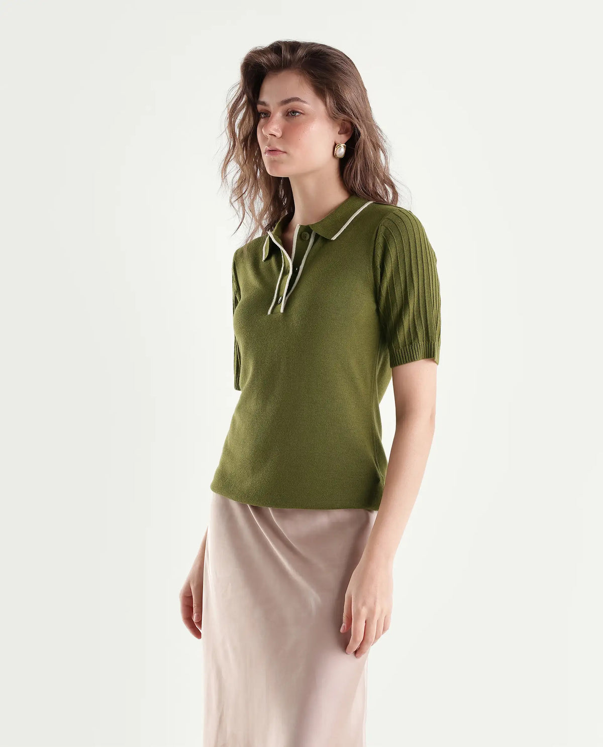 Rareism Women's Knitupaw26 Olive Viscose Blend Spread Collar Regular Fit Plain Top