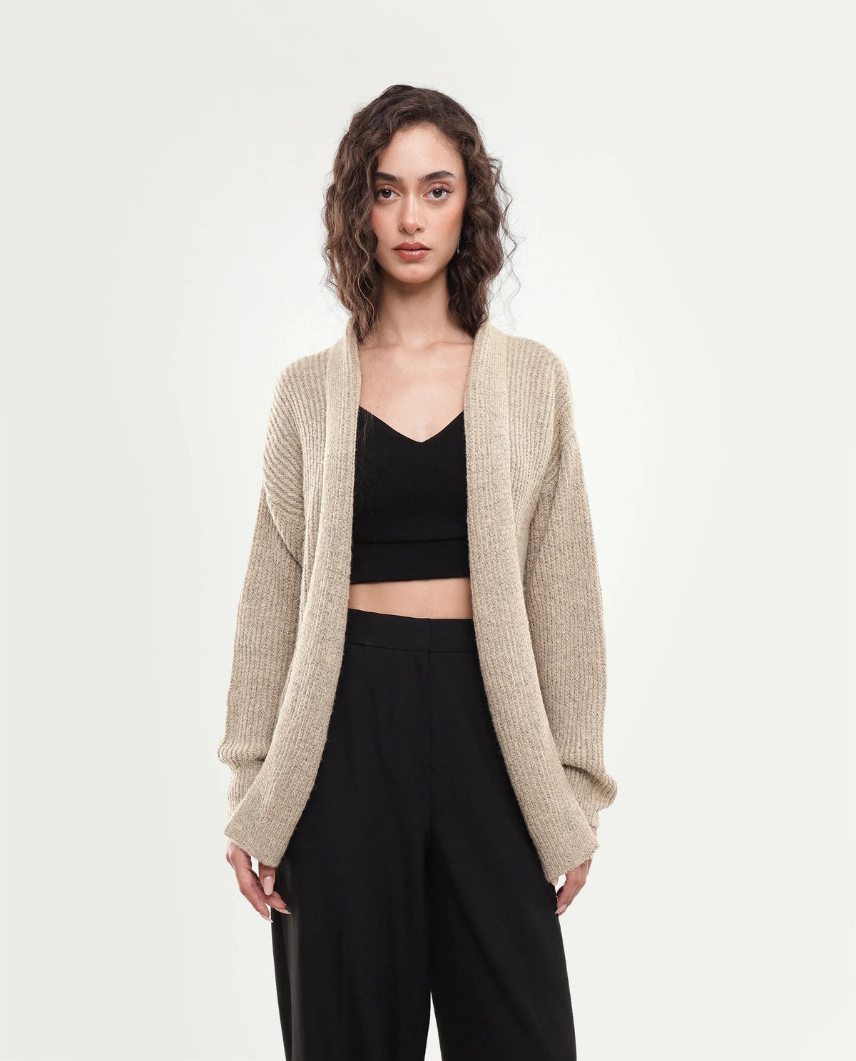 Rareism Women's Jugaw26 Dark Beige Acrylic Blend Lapel Neck Relaxed Fit Plain Shrug