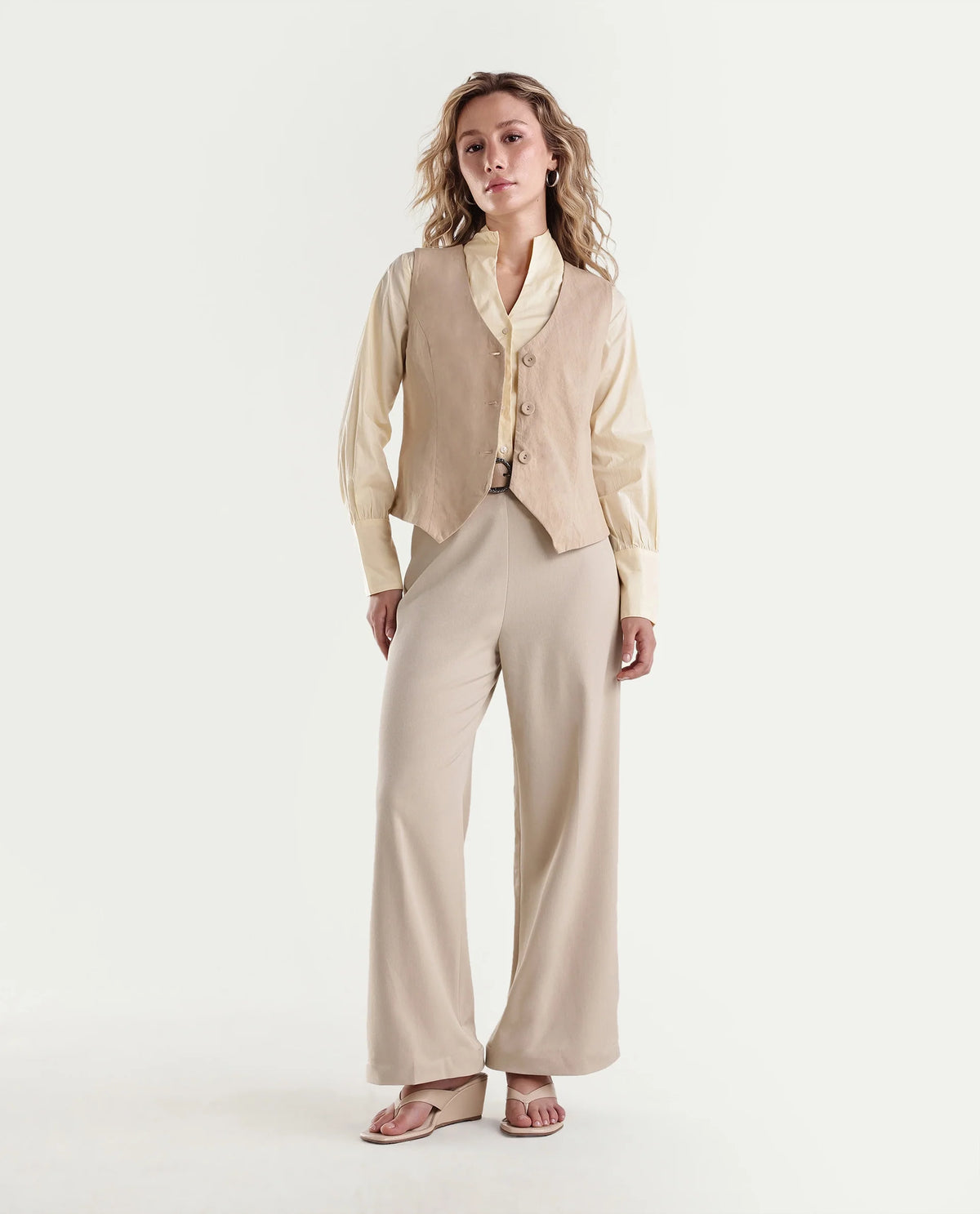 Rareism Women's Widy-Aw26 Beige Polyester Blend Wide Plain Trouser