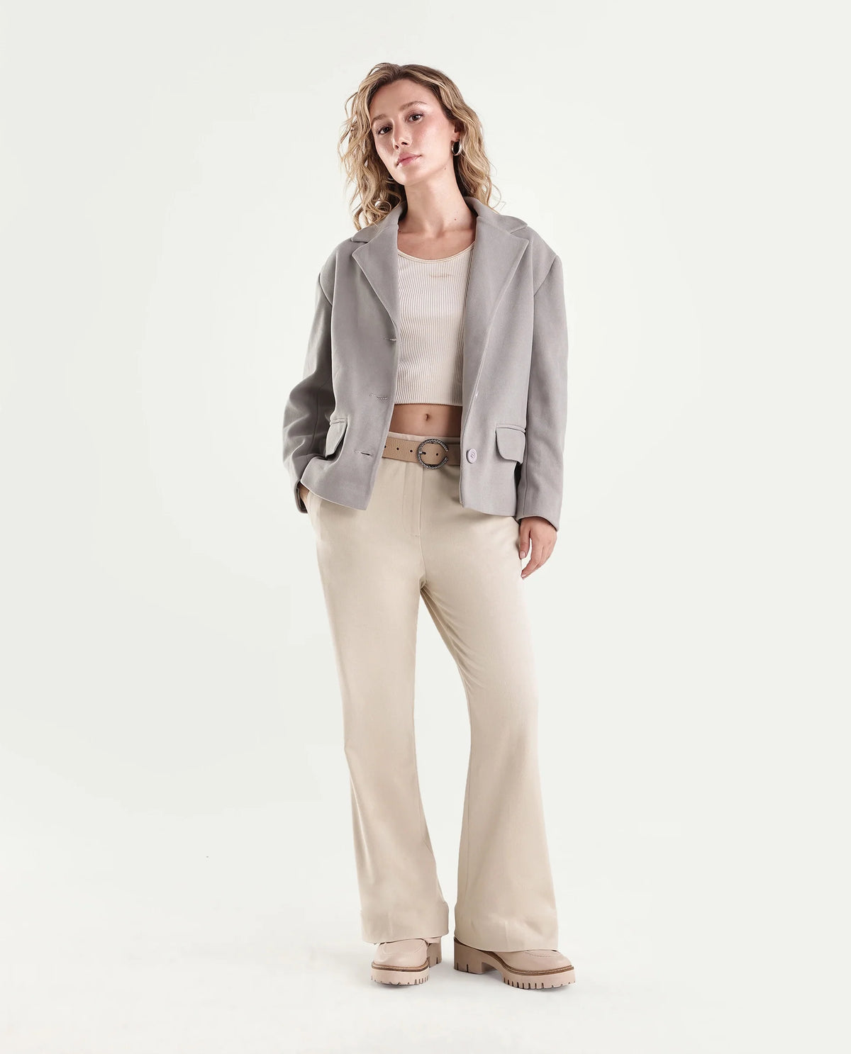 Rareism Women's Frare-Aw26 Beige Polyester Blend Bootcut Plain Trouser