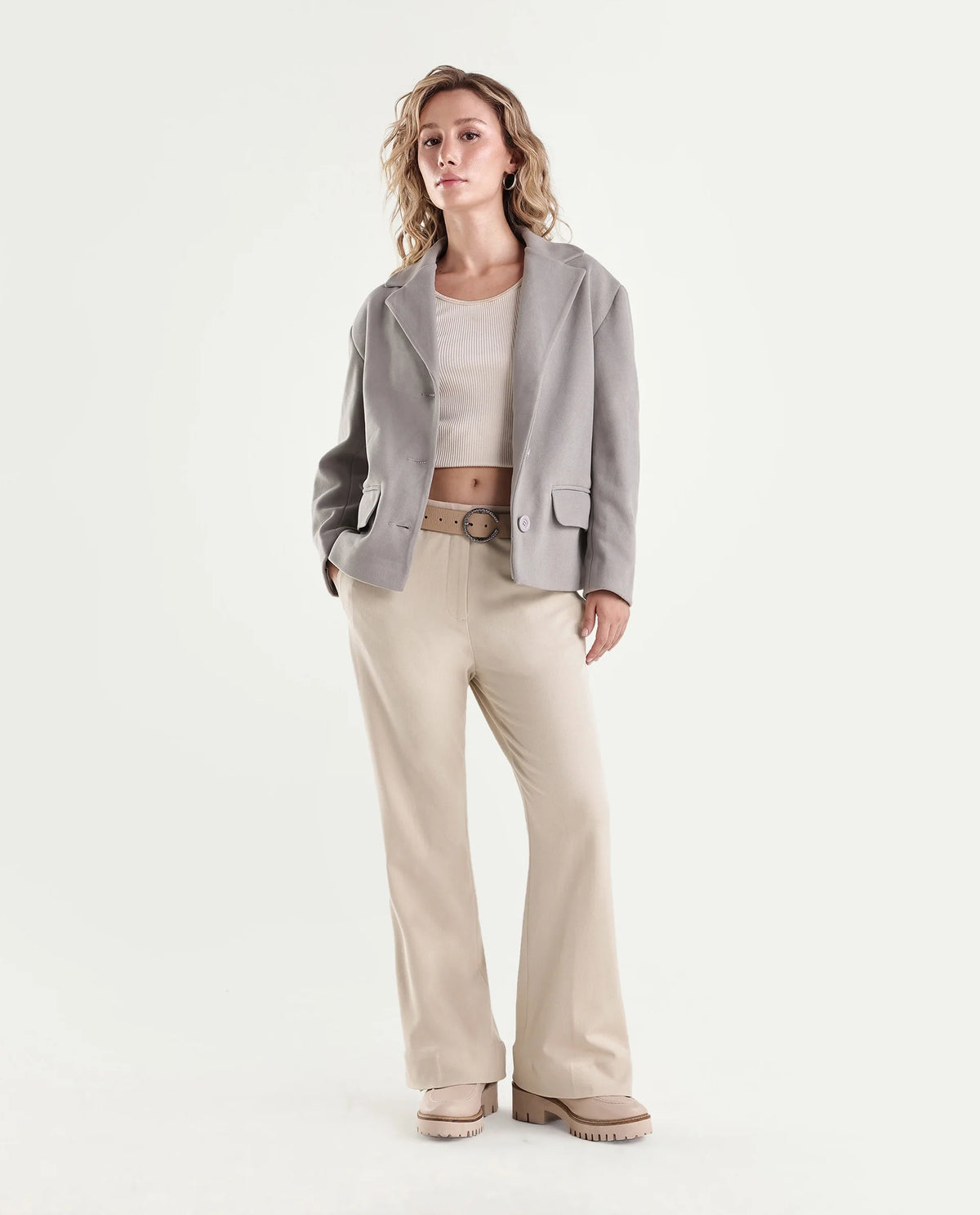 Rareism Women's Frare-Aw26 Beige Polyester Blend Bootcut Plain Trouser
