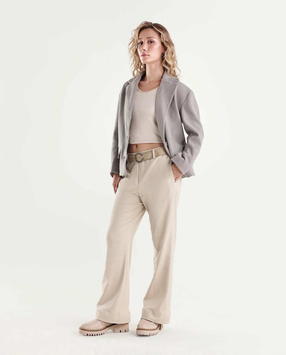 Rareism Women's Frare-Aw26 Beige Polyester Blend Bootcut Plain Trouser
