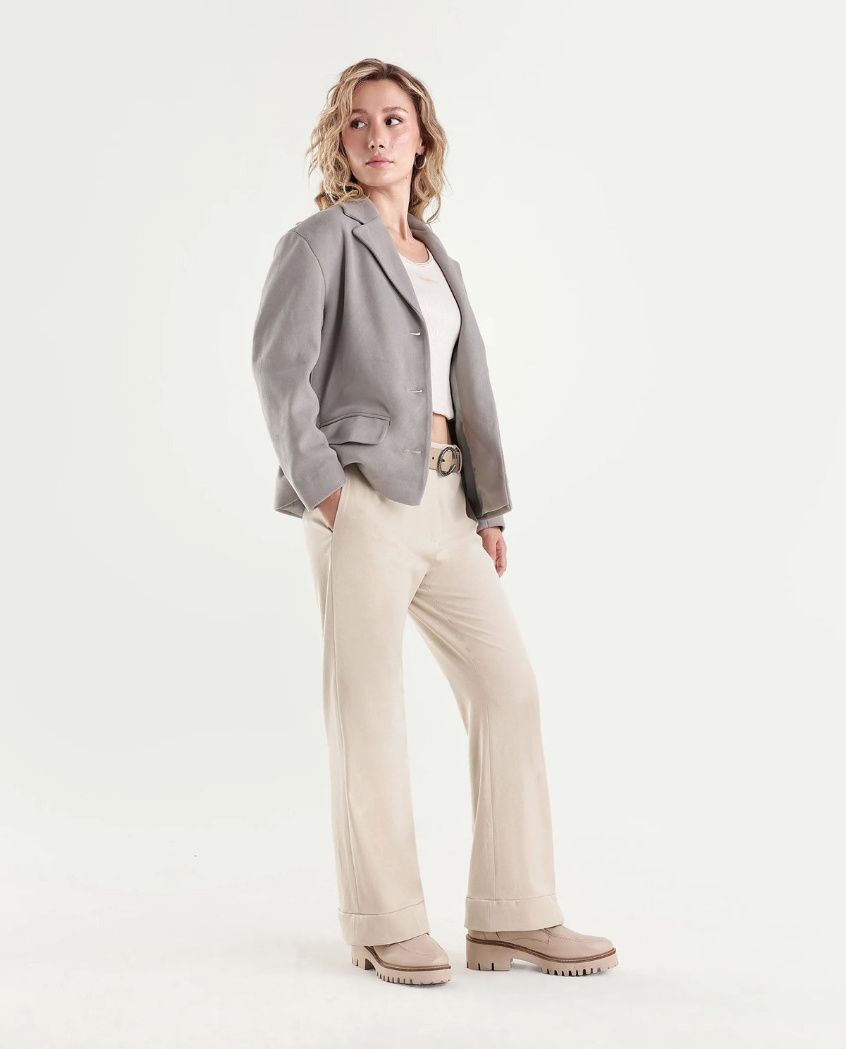 Rareism Women's Frare-Aw26 Beige Polyester Blend Bootcut Plain Trouser