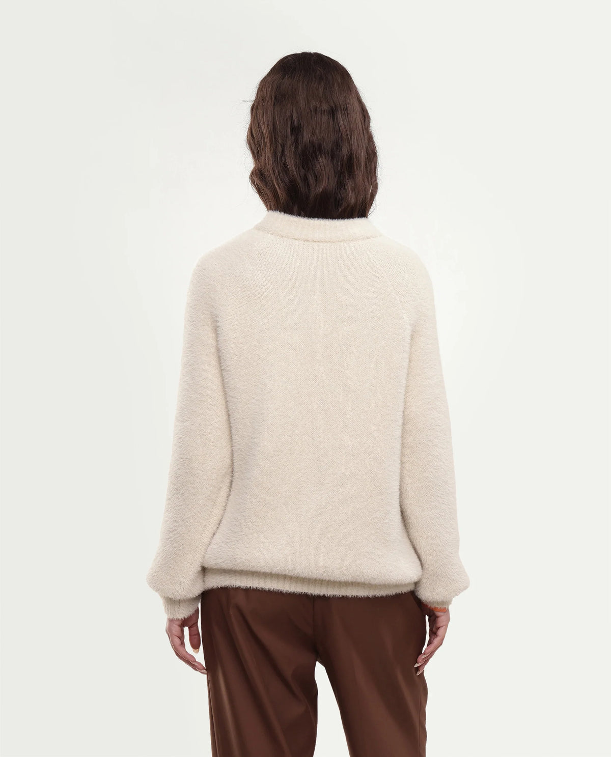 Rareism Women's Mitsi Light Beige Plain Nylon Relaxed Long Sleeves Sweater