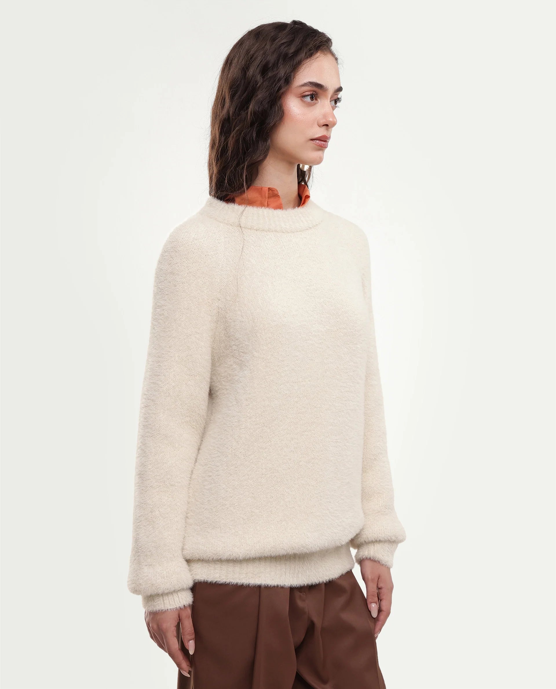 Rareism Women's Mitsi Light Beige Plain Nylon Relaxed Long Sleeves Sweater