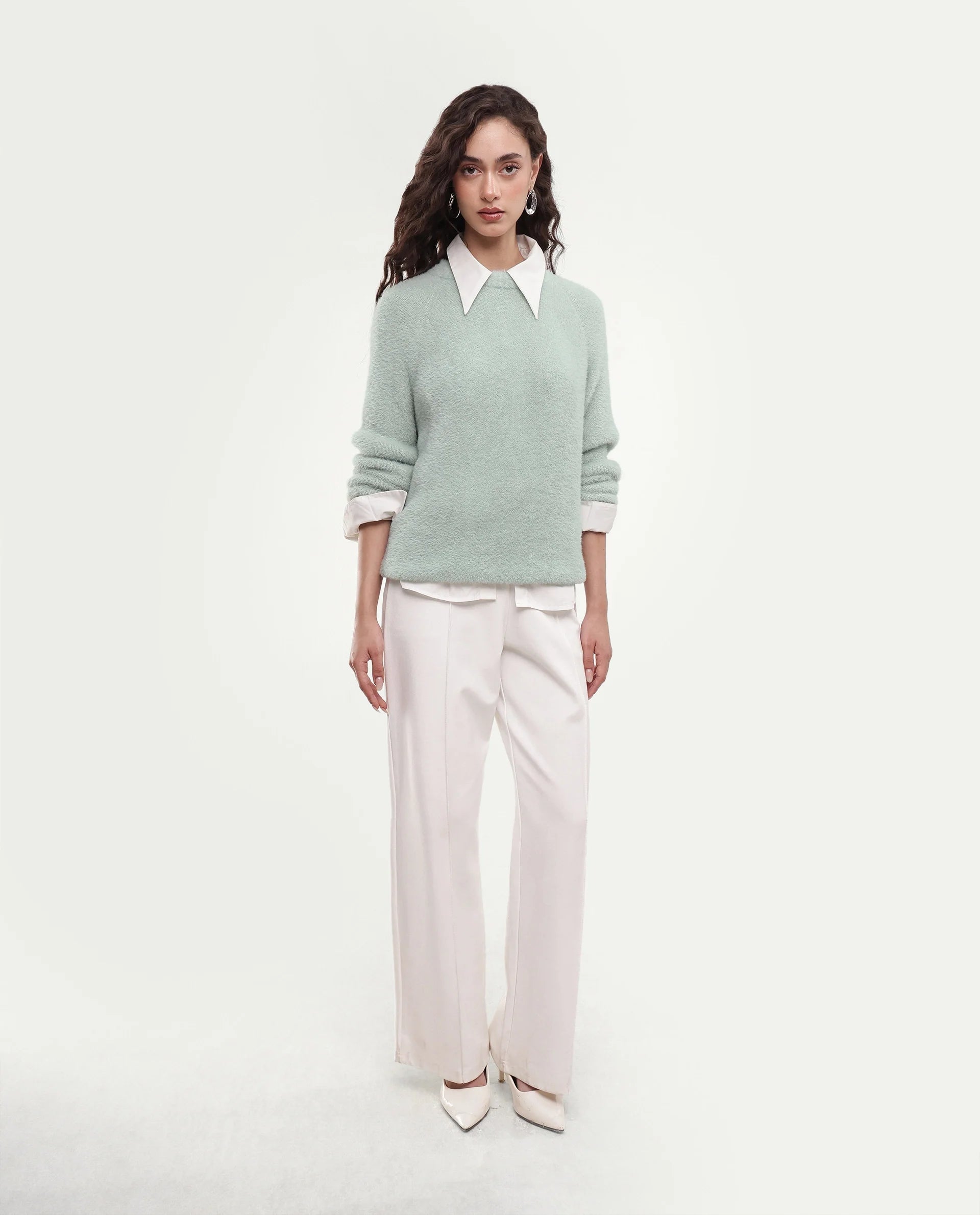 Rareism Women's Mitsi Light Blue Plain Nylon Relaxed Long Sleeves Sweater