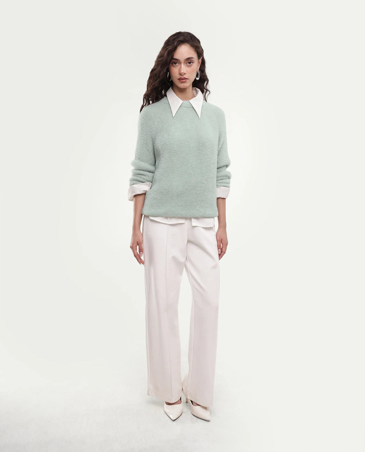 Rareism Women's Mitsi Light Blue Plain Nylon Relaxed Long Sleeves Sweater
