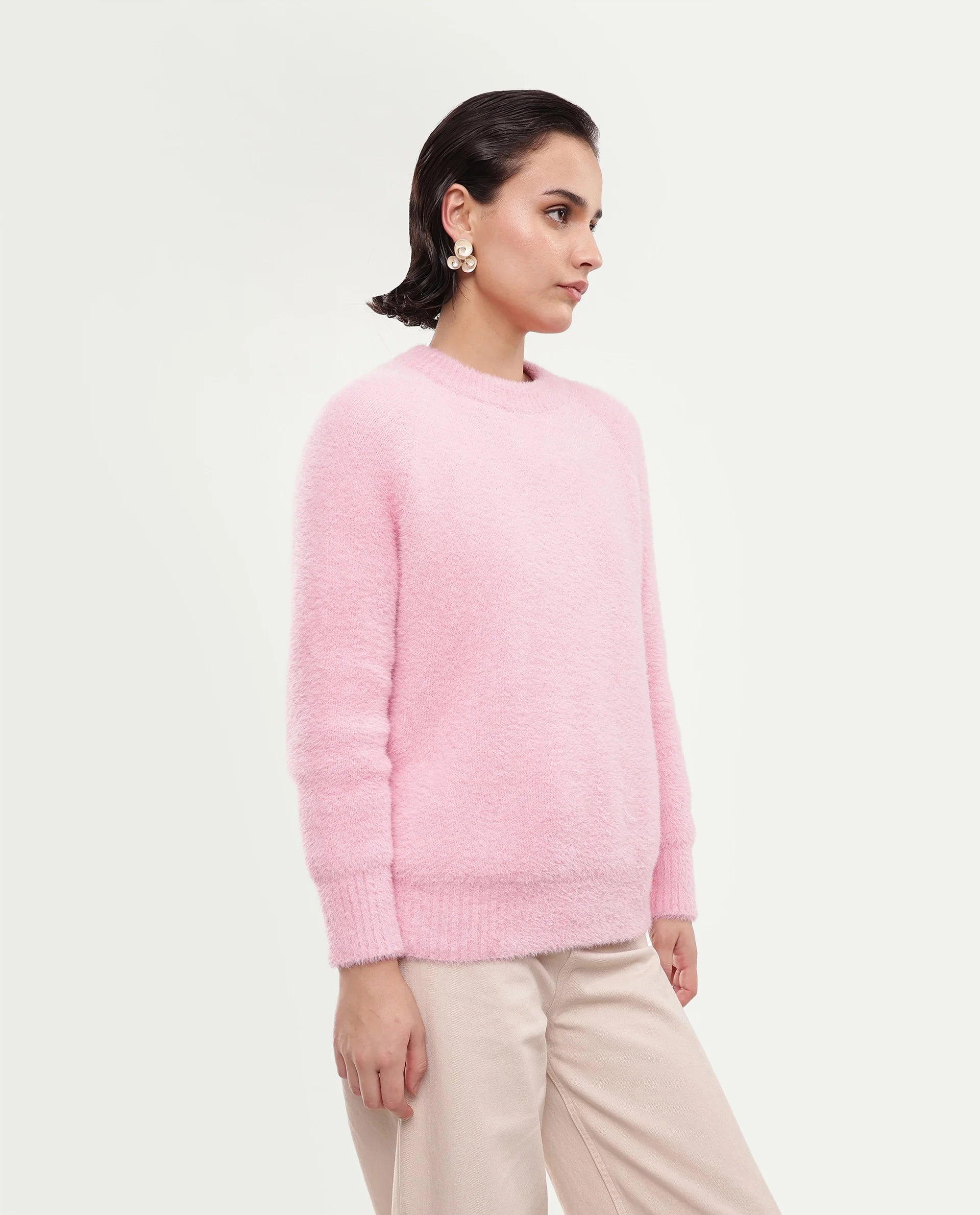 Rareism Women's Mitsi Light Peach Plain Nylon Relaxed Long Sleeves Sweater