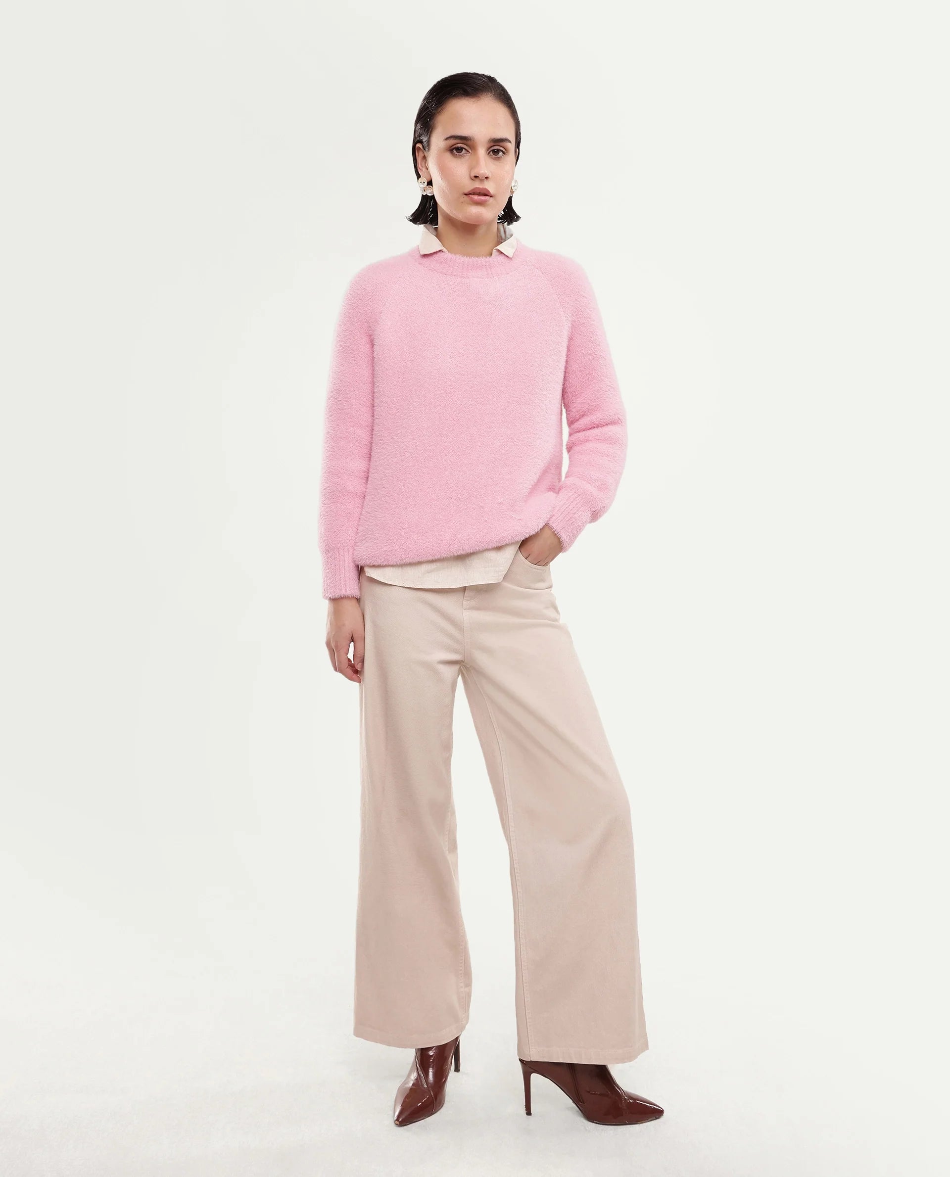 Rareism Women's Mitsi Light Peach Plain Nylon Relaxed Long Sleeves Sweater