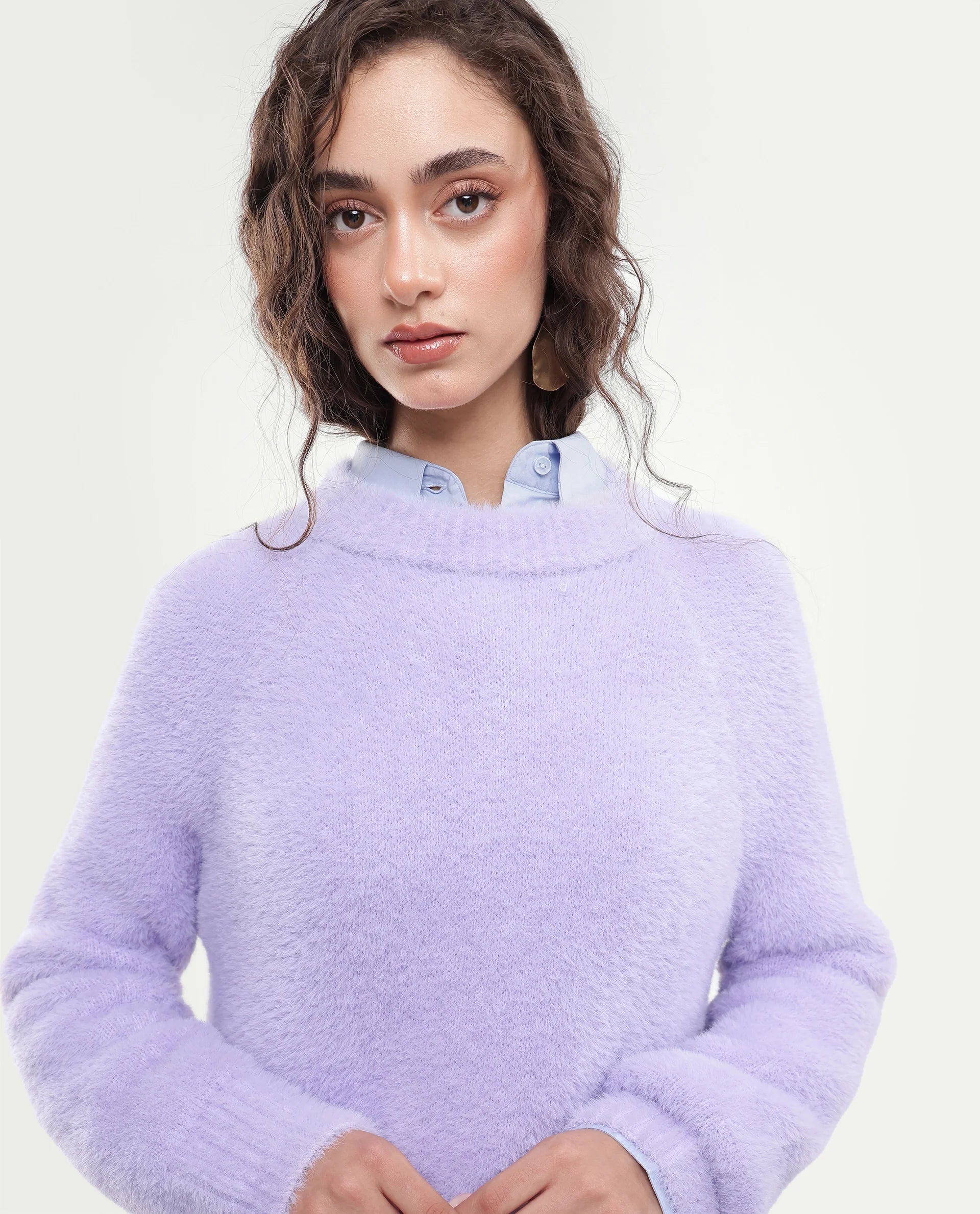 Rareism Women's Mitsi Light Purple Plain Nylon Relaxed Long Sleeves Sweater