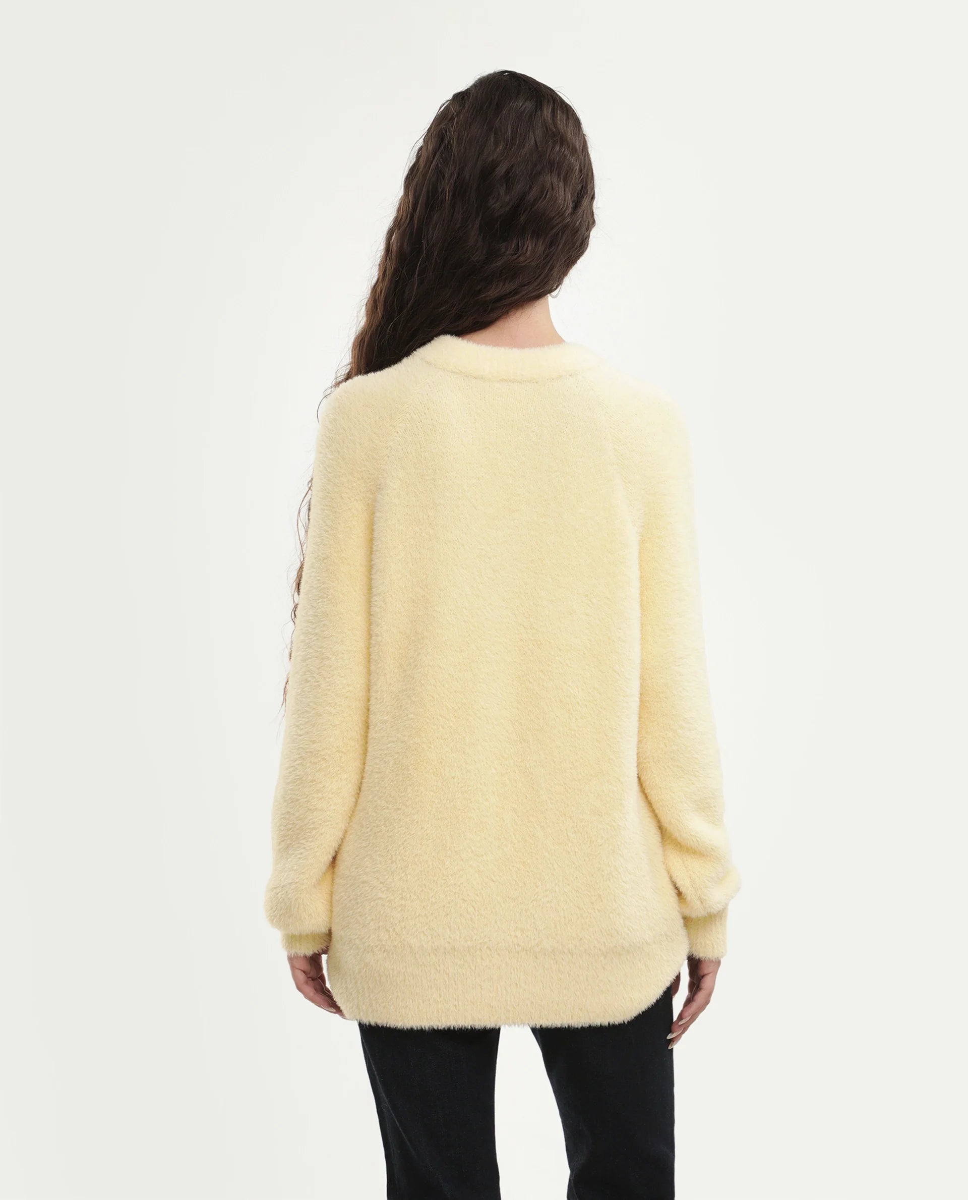 Rareism Women's Mitsi Light Yellow Nylon Crew Neck Relaxed Fit Plain Sweater