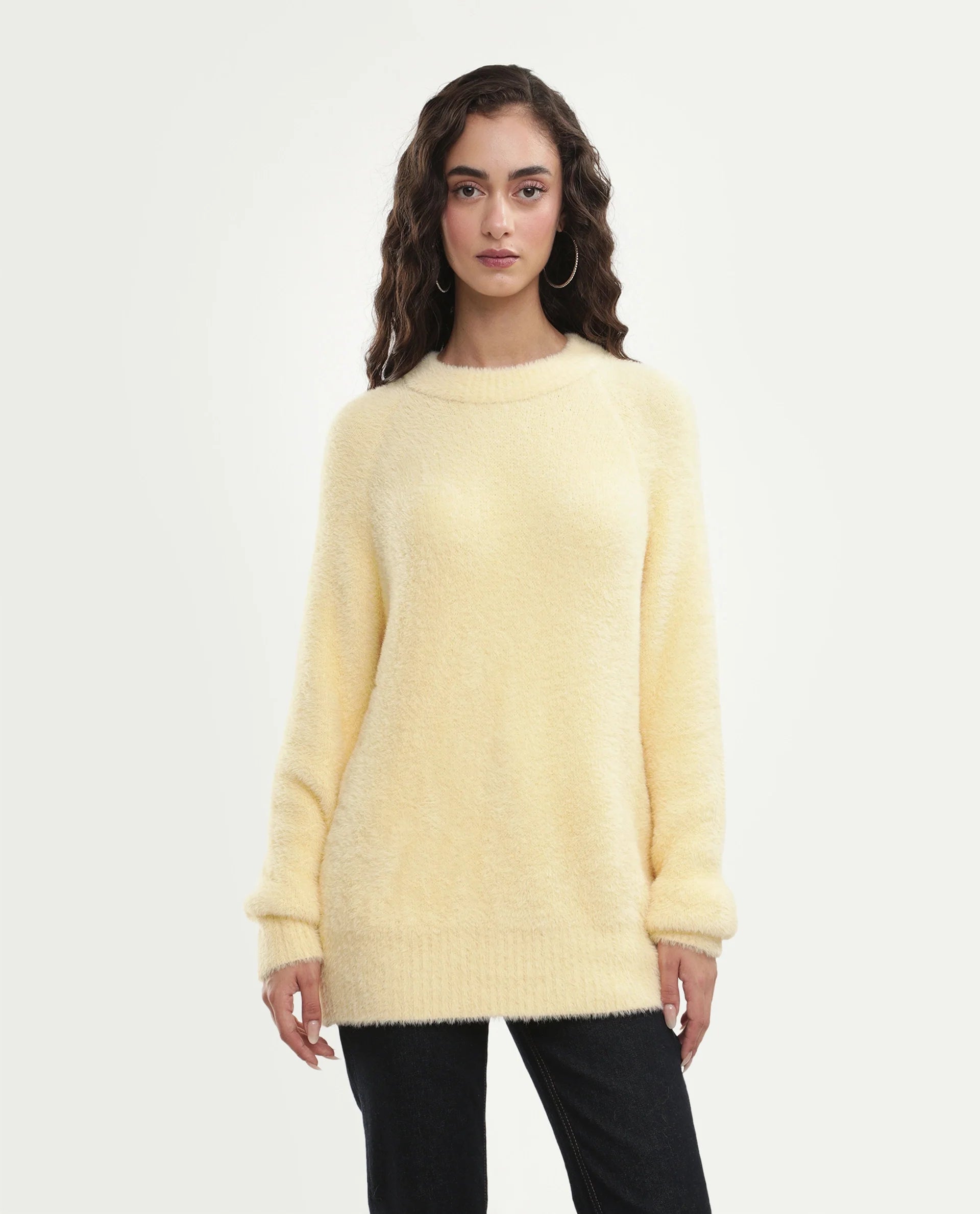 Rareism Women's Mitsi Light Yellow Nylon Crew Neck Relaxed Fit Plain Sweater