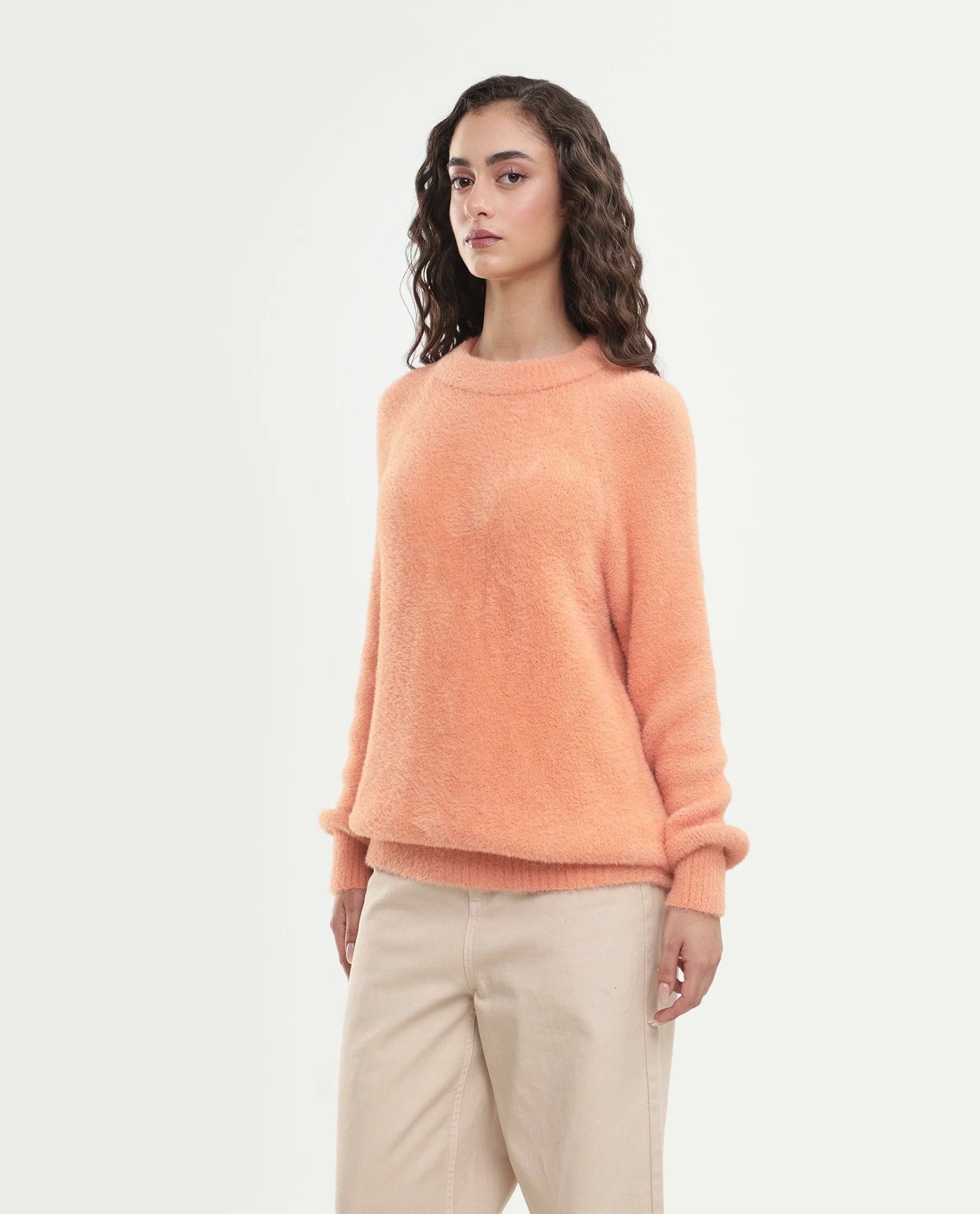 Rareism Women's Mitsi Light Orange Nylon Crew Neck Relaxed Fit Plain Sweater