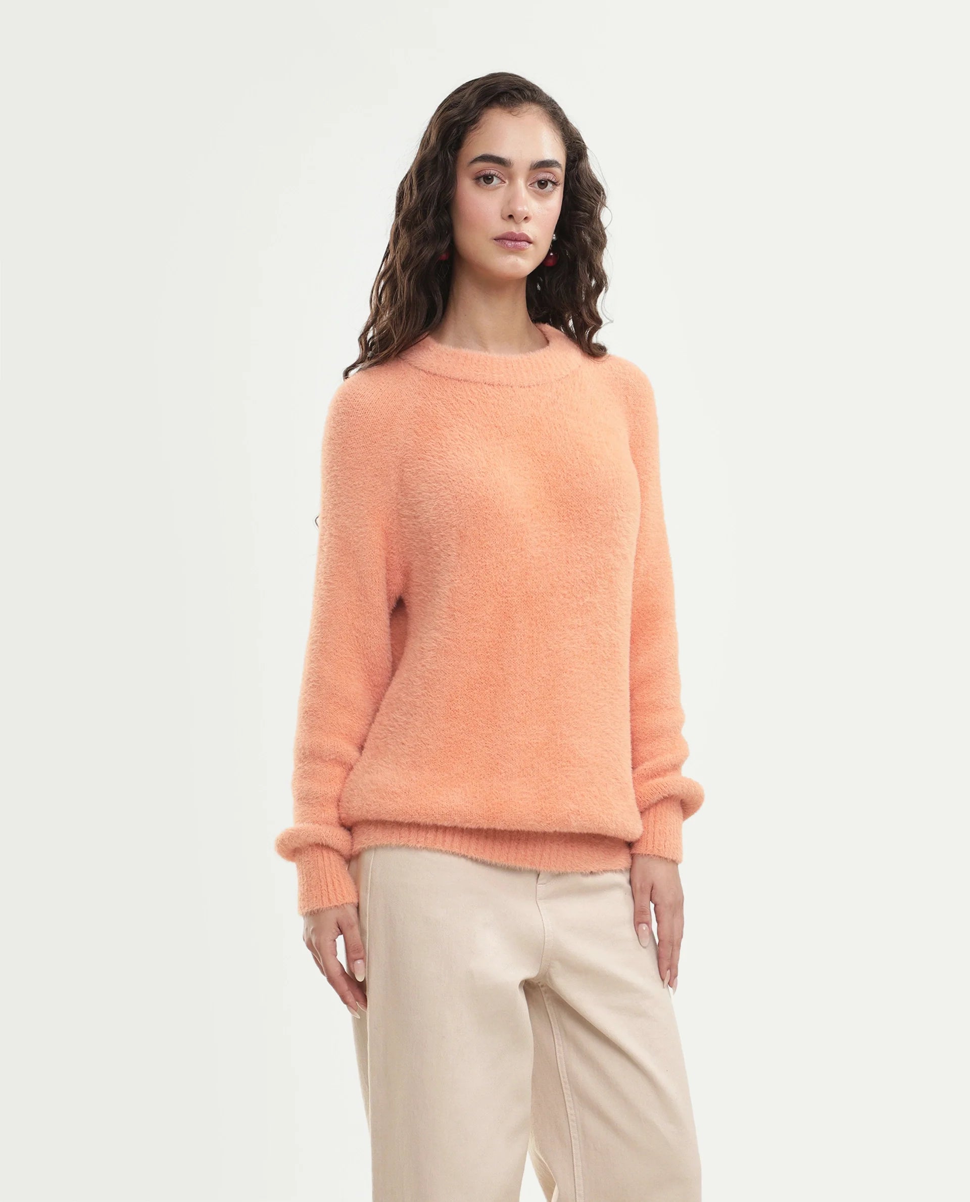Rareism Women's Mitsi Light Orange Nylon Crew Neck Relaxed Fit Plain Sweater