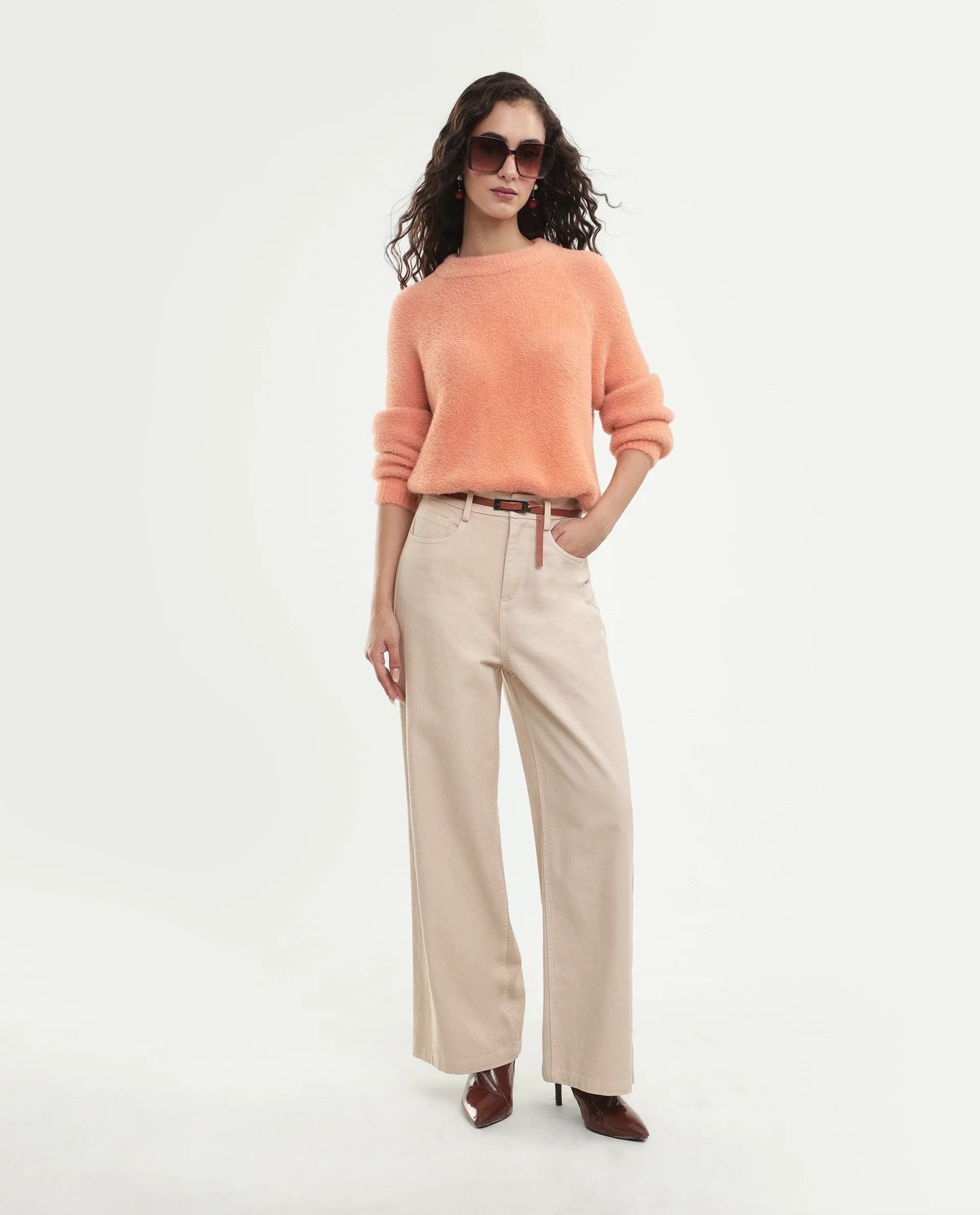 Rareism Women's Mitsi Light Orange Nylon Crew Neck Relaxed Fit Plain Sweater