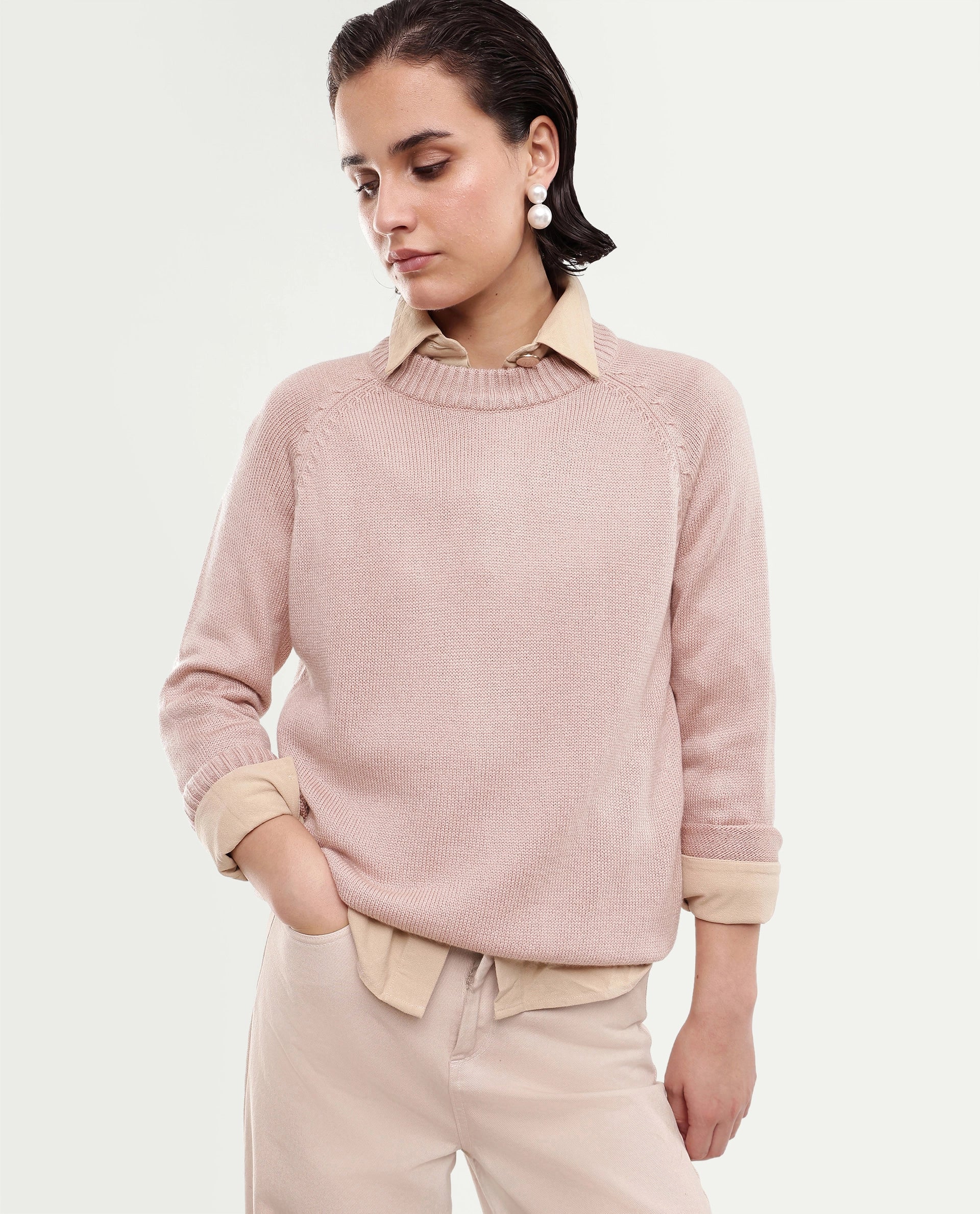 Rareism Women's Mitso Dusky Pink Plain Acrylic Relaxed Long Sleeves Sweater
