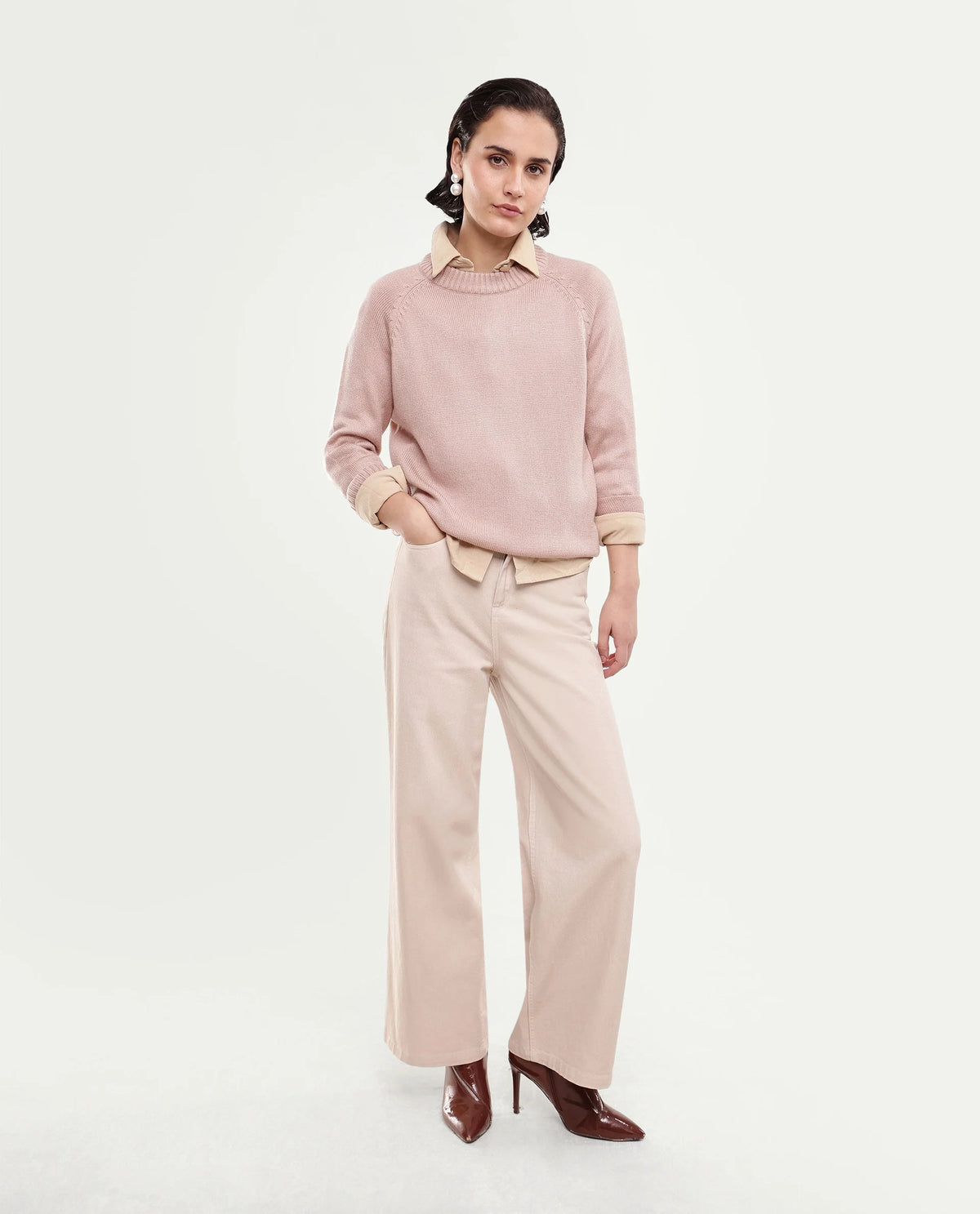 Rareism Women's Mitso Dusky Pink Plain Acrylic Relaxed Long Sleeves Sweater