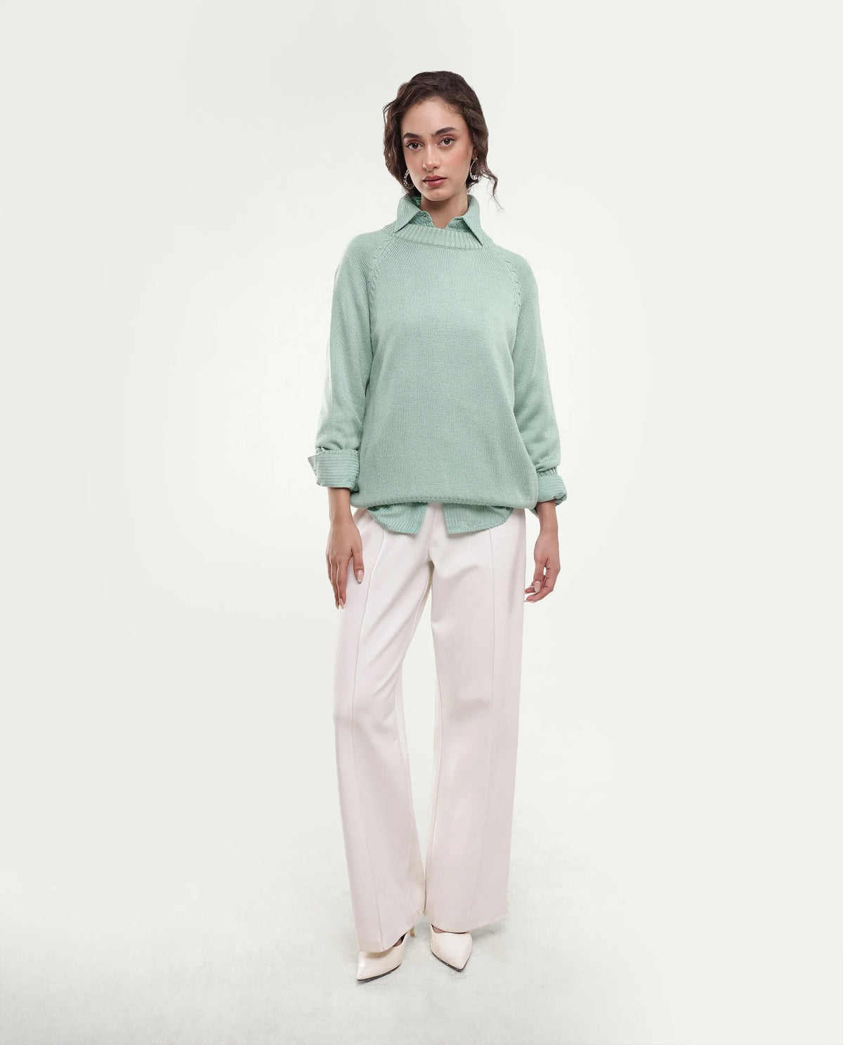 Rareism Women's Mitso Light Blue Plain Acrylic Relaxed Long Sleeves Sweater