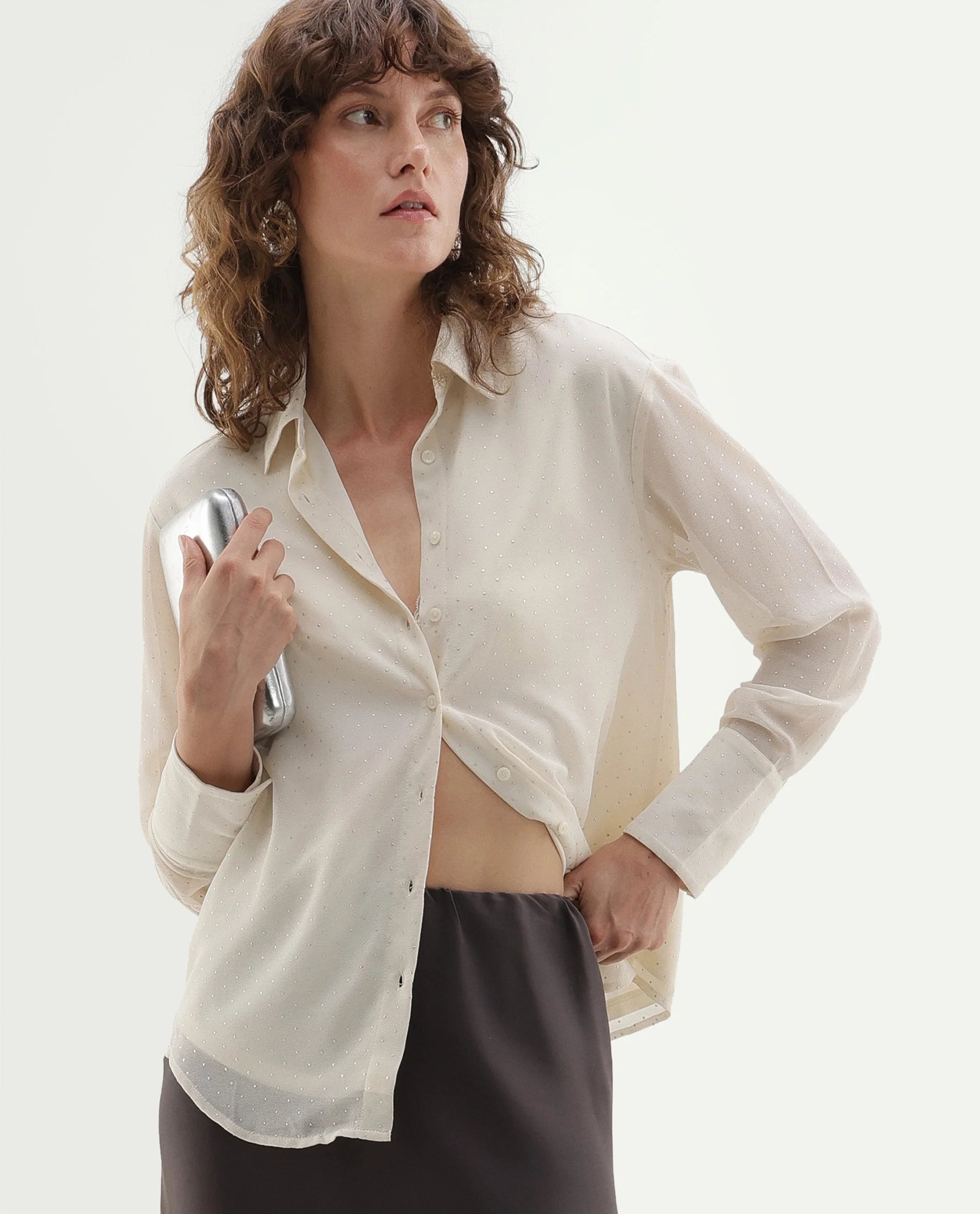 Rareism Women's Crotia Primary Beige Polyester Spread Collar Regular Plain Shirt