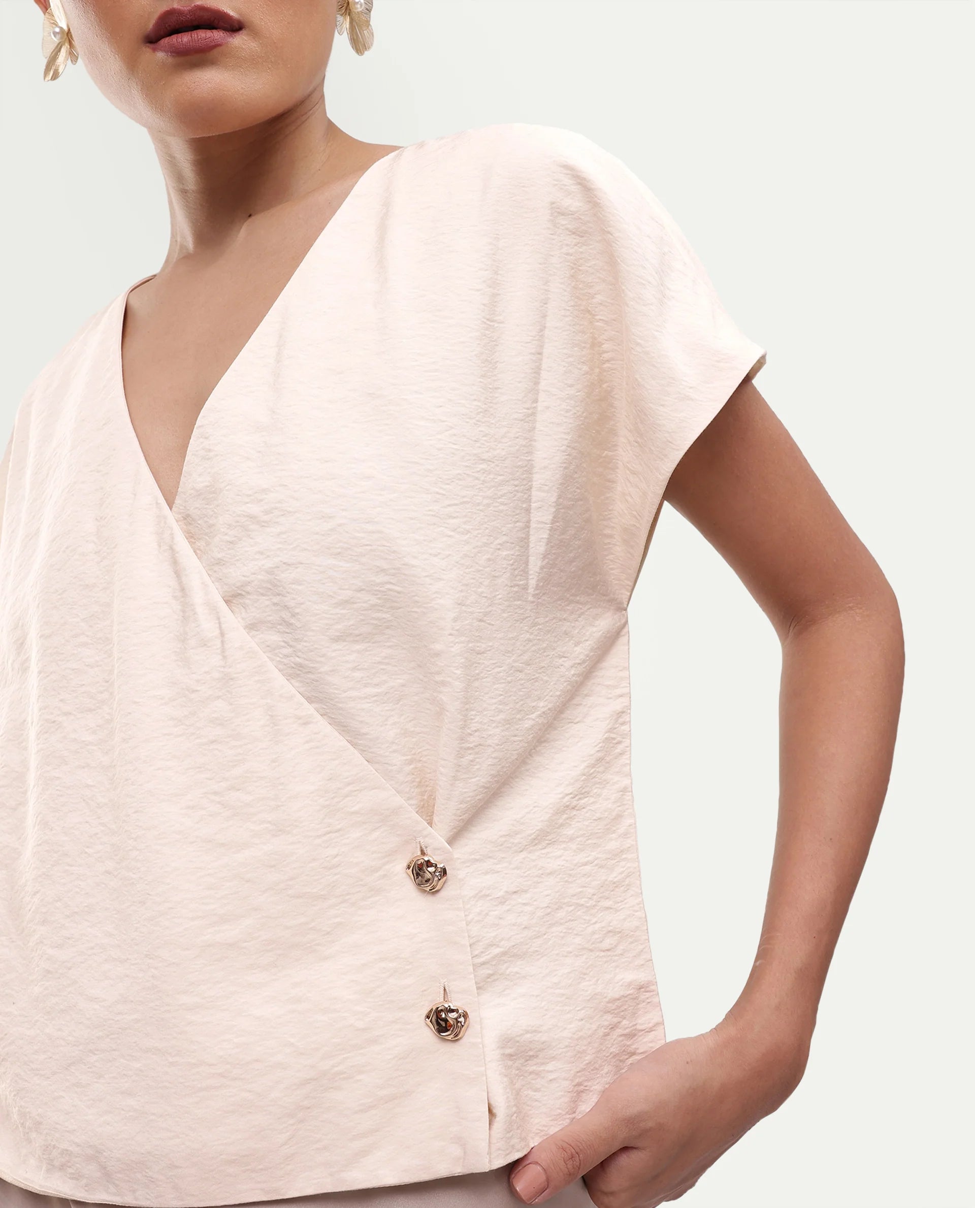 Rareism Women's Gena Beige Viscose Blend Button Regular Fit Top