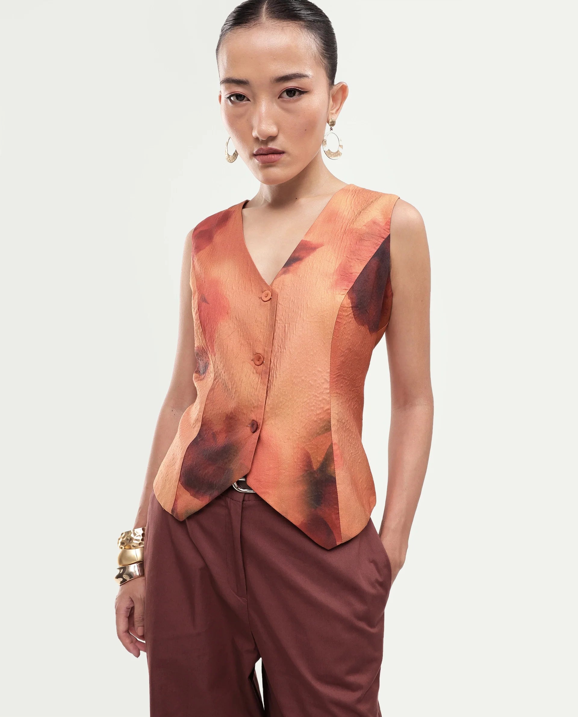Rareism Women's Glyn-T Rust Polyester Blend Button Regular Fit Waist Coat