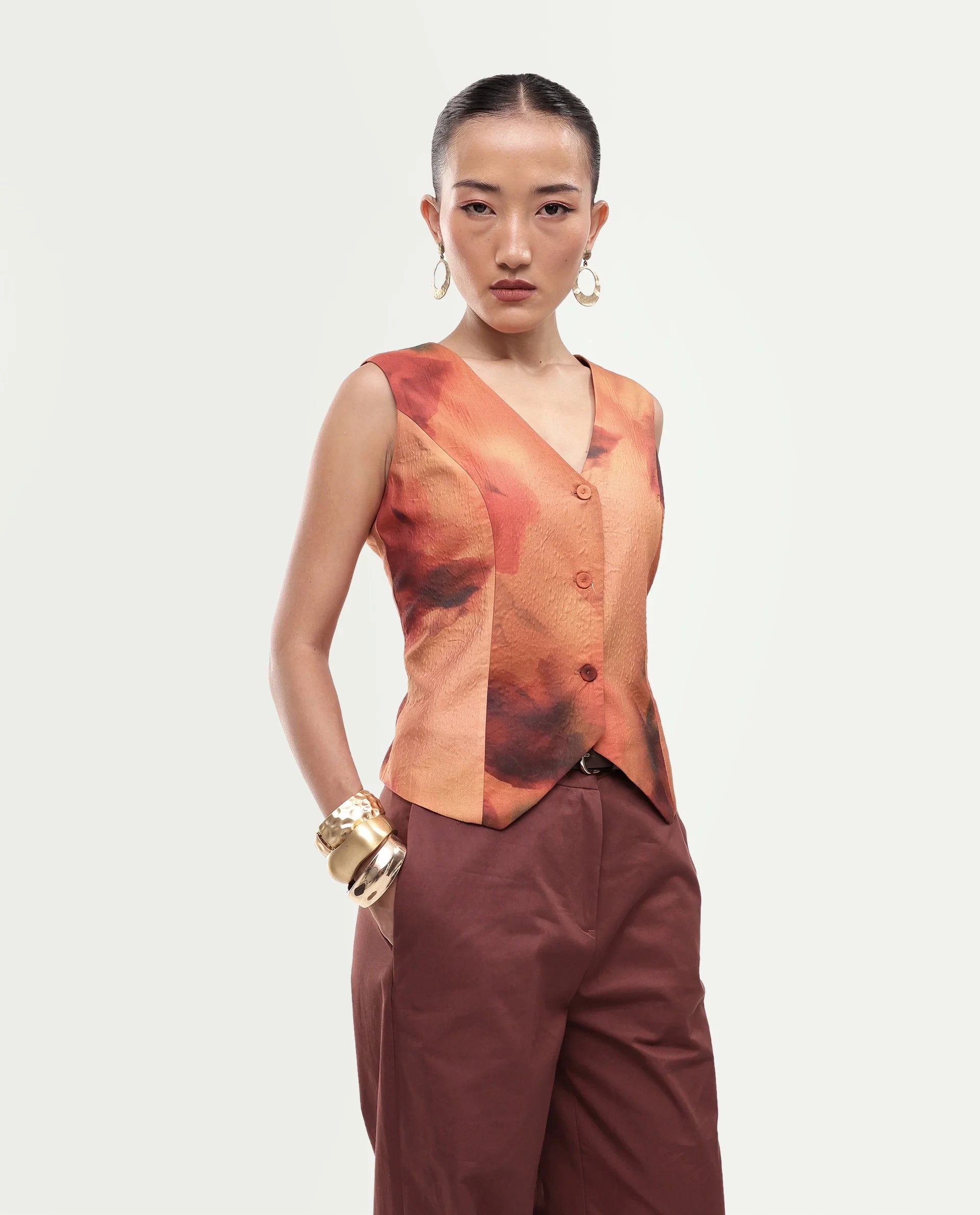 Rareism Women's Glyn-T Rust Polyester Blend Button Regular Fit Waist Coat