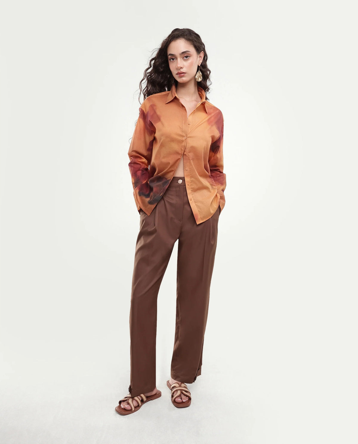 Rareism Women's Goss Rust Abstract Print Cotton Relaxed Fit Long Sleeve Shirt