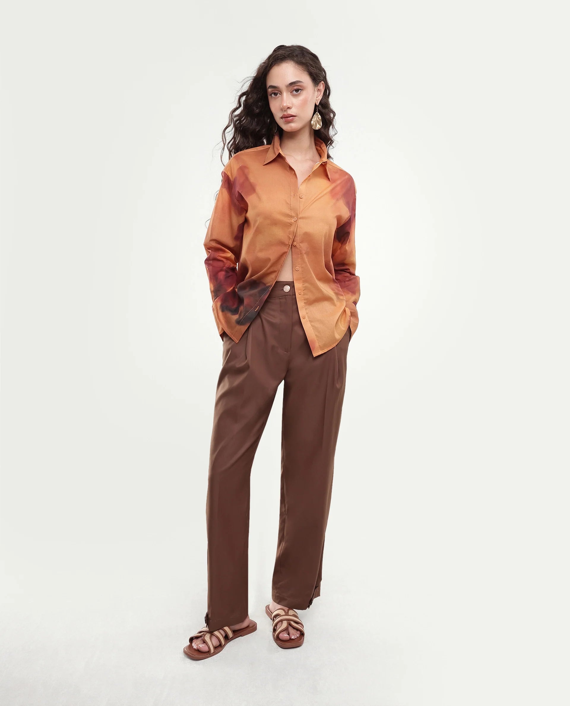 Rareism Women's Goss Rust Abstract Print Cotton Relaxed Fit Long Sleeve Shirt