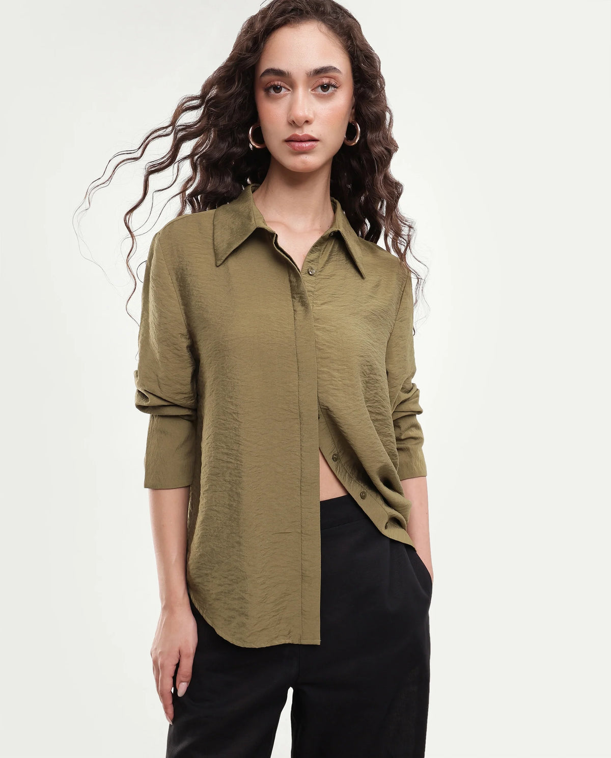 Rareism Women's Gini Olive Plain Viscose Blend Regular Long Sleeves Shirt