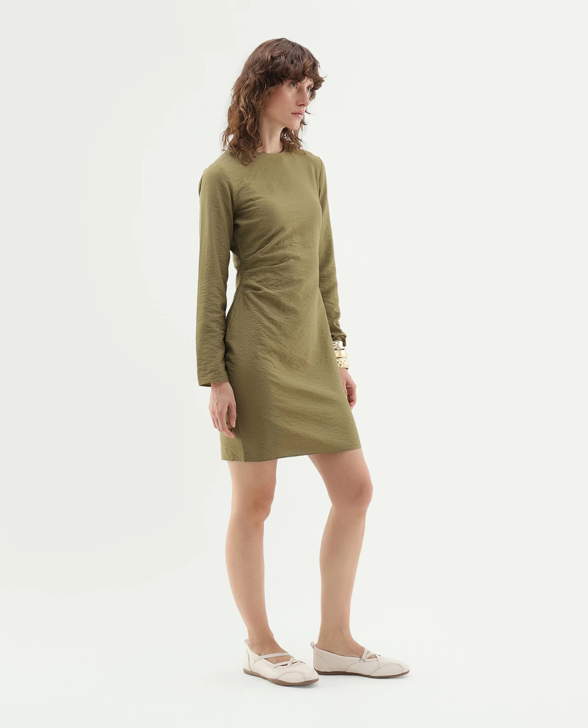 Rareism Women's Ginik Olive Viscose Blend Button Balloon Dress