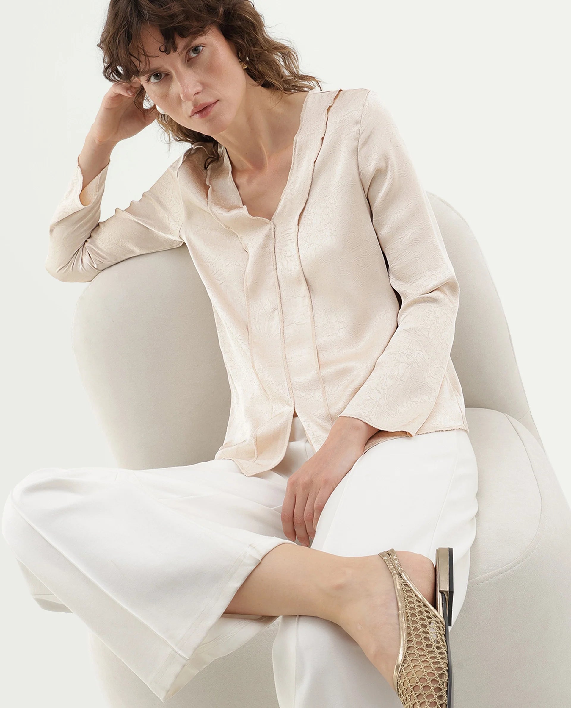 Rareism Women's Glan Beige Polyester Relaxed Fit Top