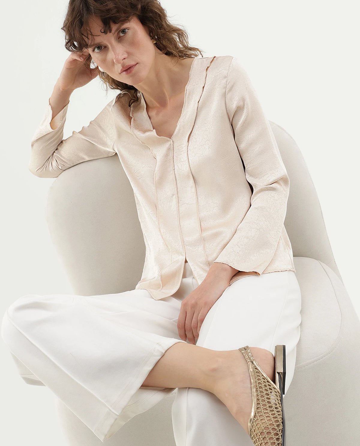 Rareism Women's Glan Beige Polyester Relaxed Fit Top