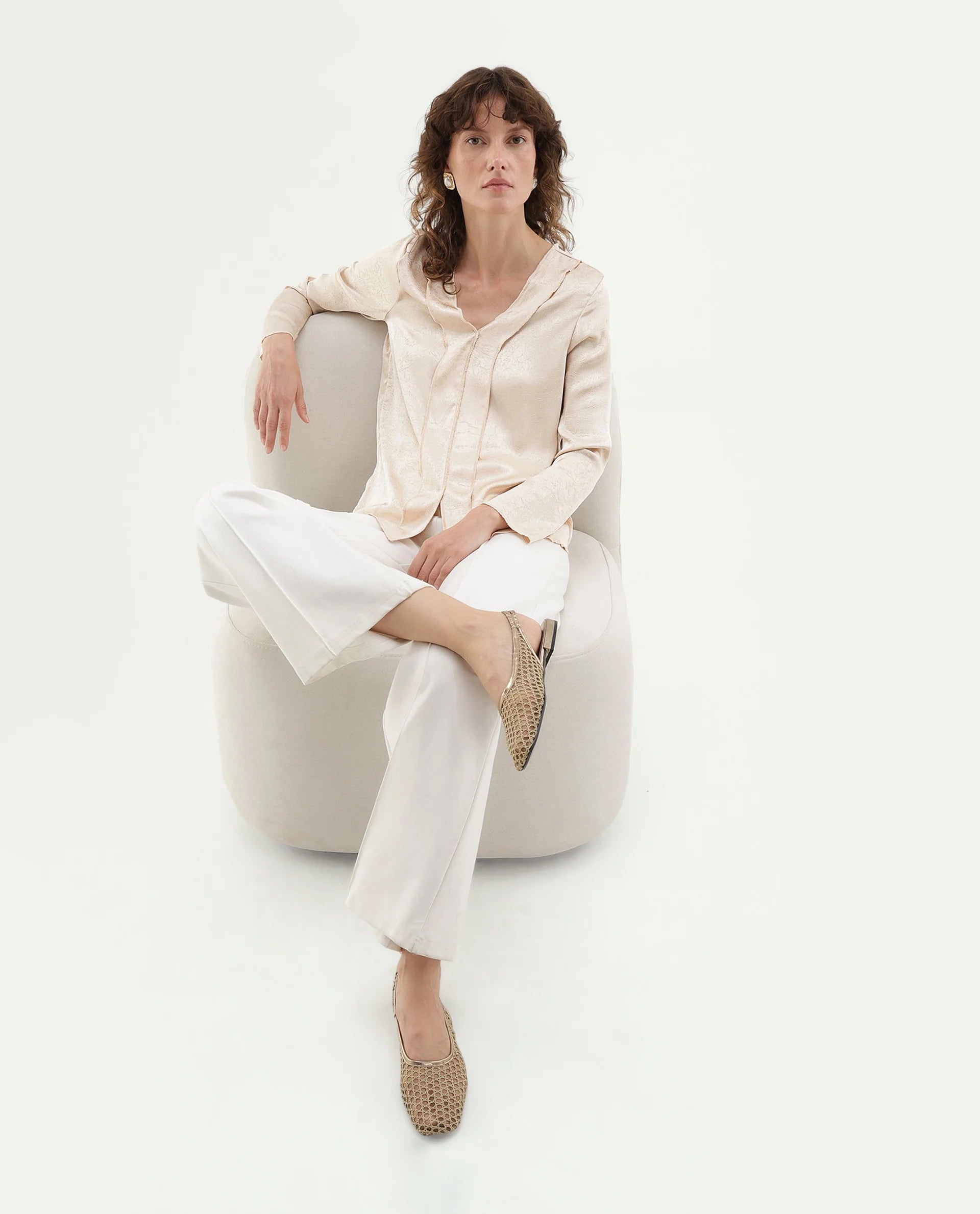 Rareism Women's Glan Beige Polyester Relaxed Fit Top