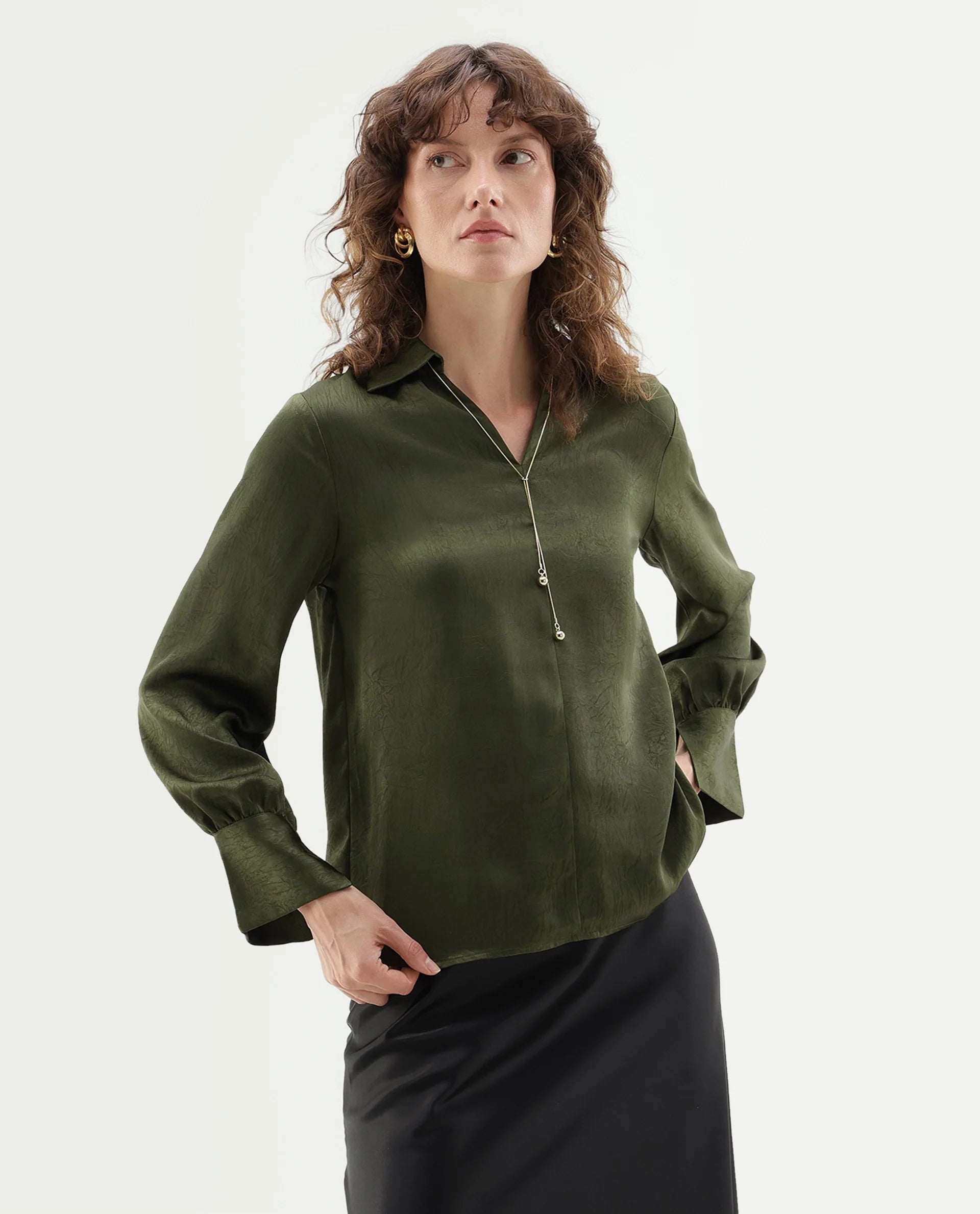 Rareism Women's Glania Dark Olive Polyester Regular Fit Top