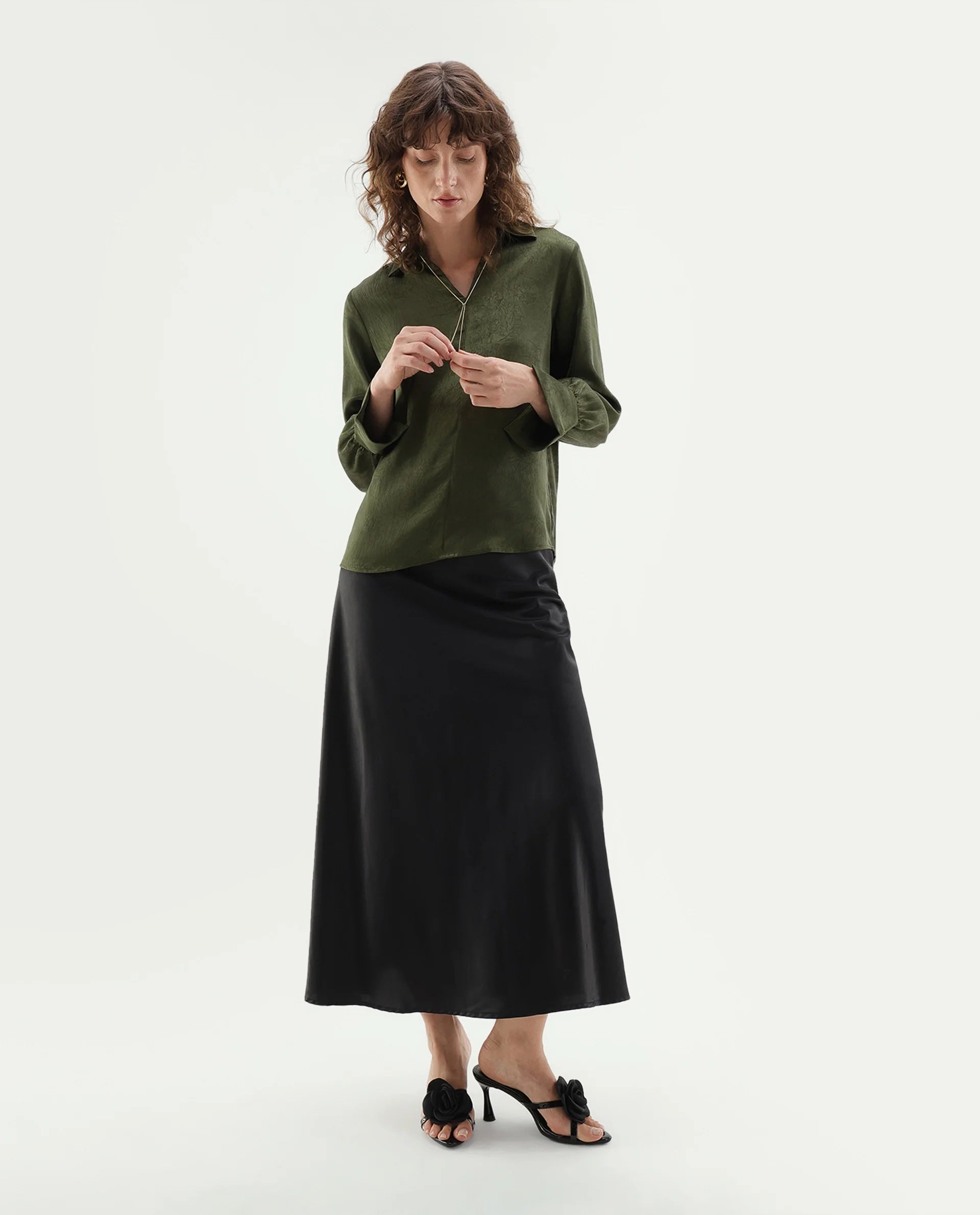 Rareism Women's Glania Dark Olive Polyester Regular Fit Top