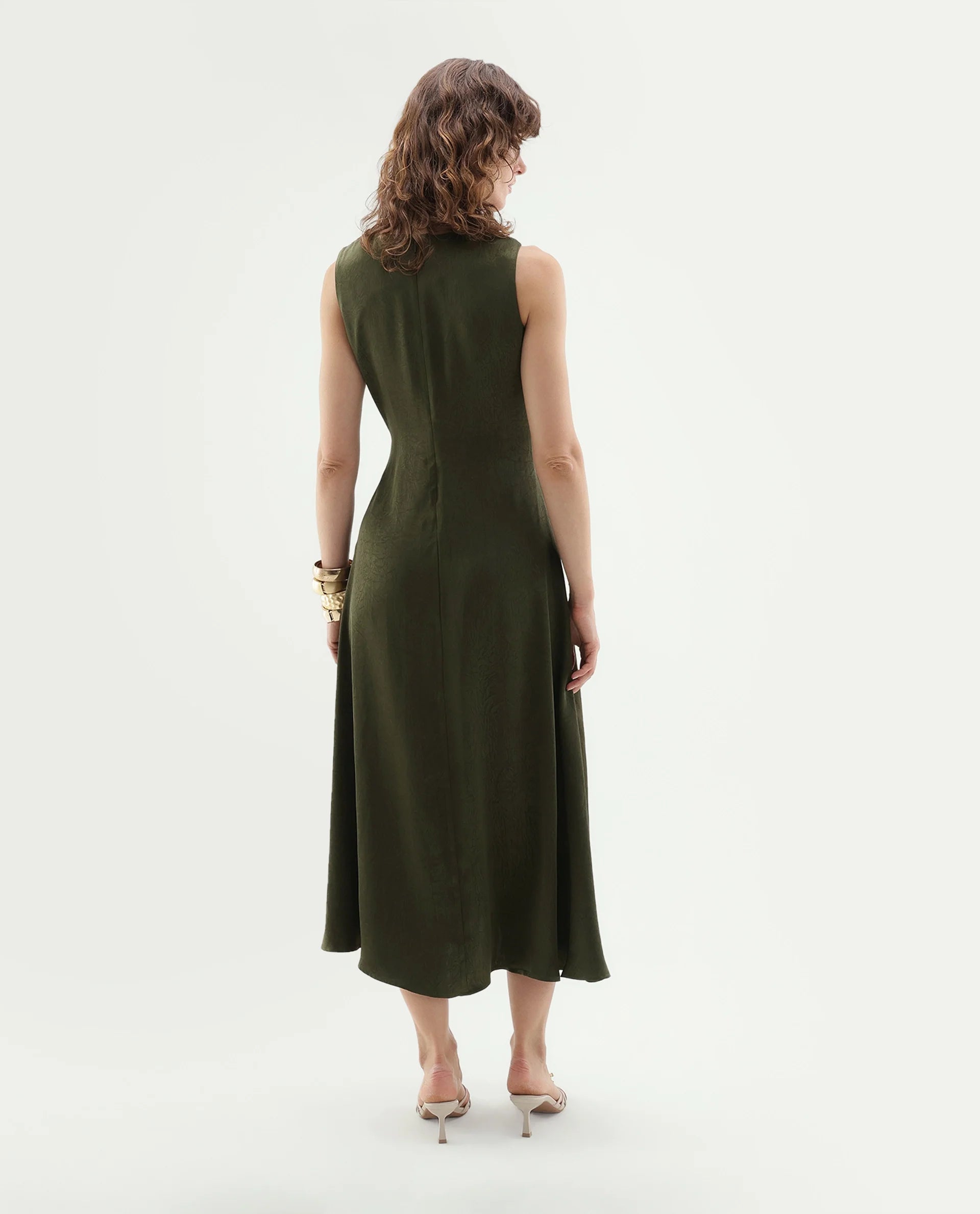Rareism Women's Glani Dark Olive Polyester Button And Zip Flared Dress
