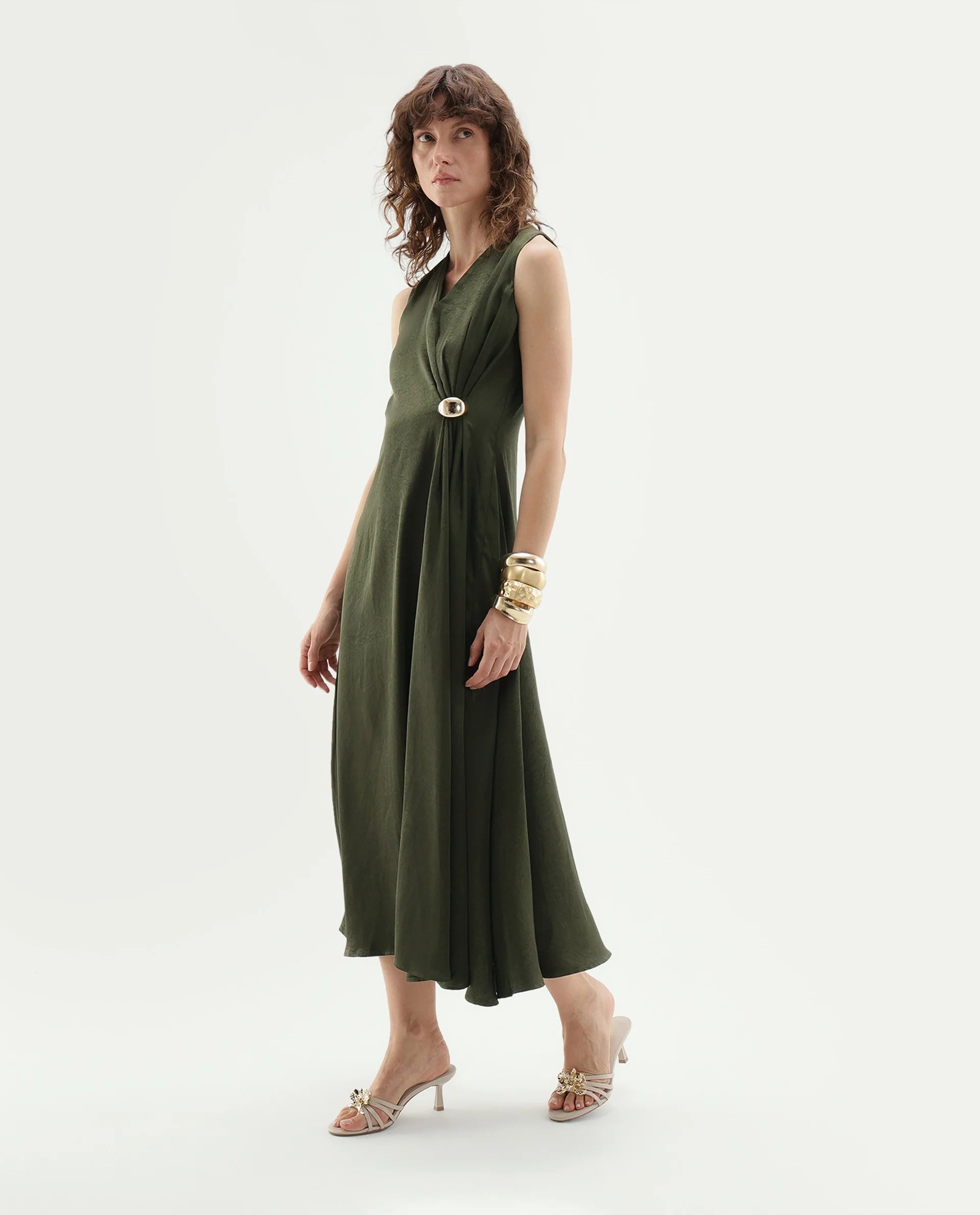 Rareism Women's Glani Dark Olive Polyester Button And Zip Flared Dress