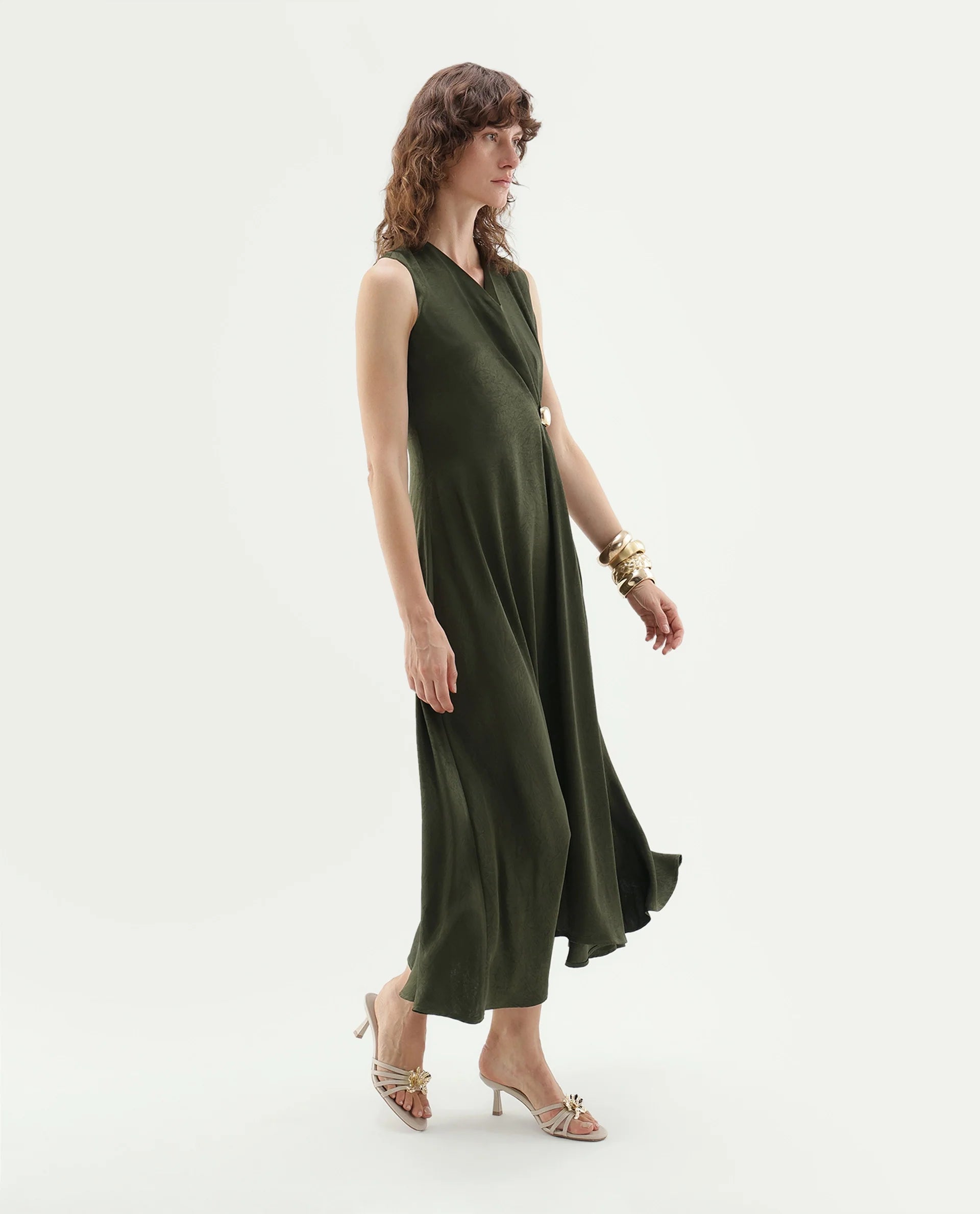 Rareism Women's Glani Dark Olive Polyester Button And Zip Flared Dress