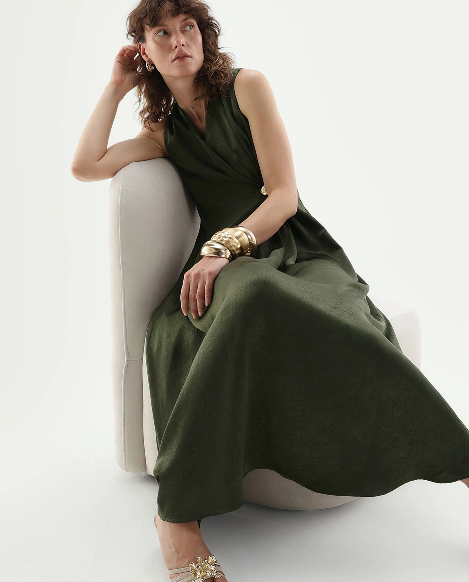 Rareism Women's Glani Dark Olive Polyester Button And Zip Flared Dress