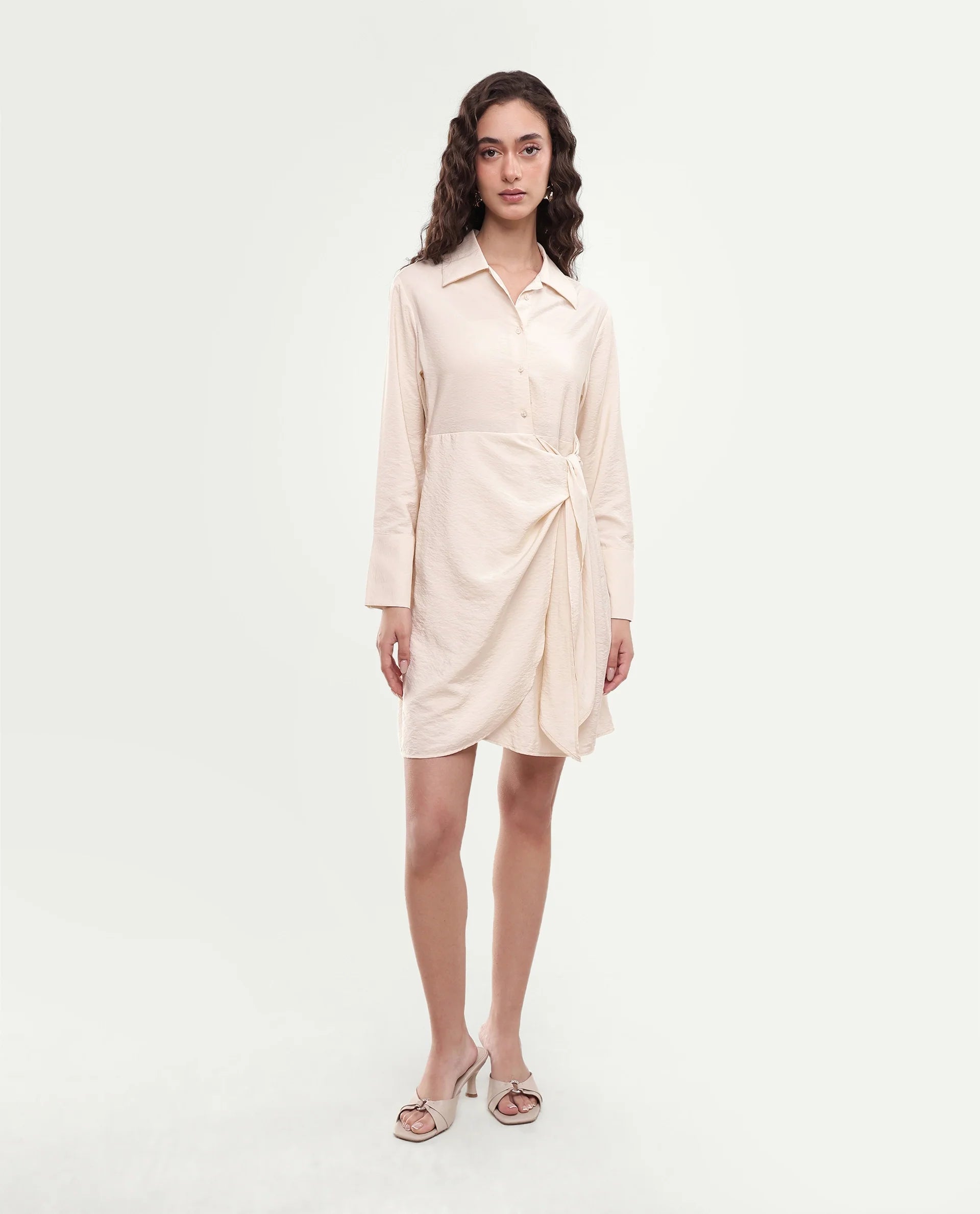 Rareism Women's Geek Beige Viscose Blend Tie-Up Regular Fit Dress