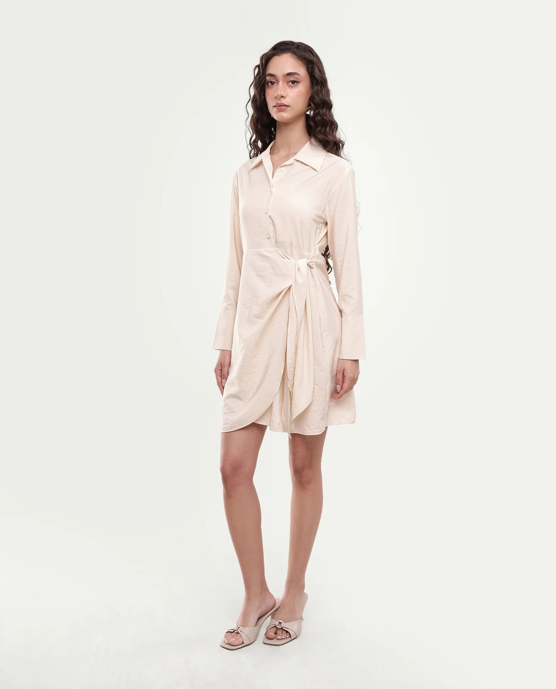 Rareism Women's Geek Beige Viscose Blend Tie-Up Regular Fit Dress